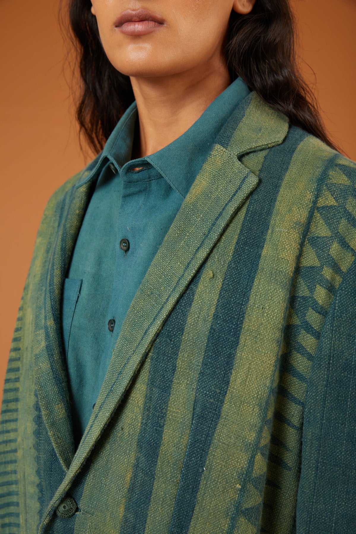 Block Printed Oversized Jacket in Bottle Green