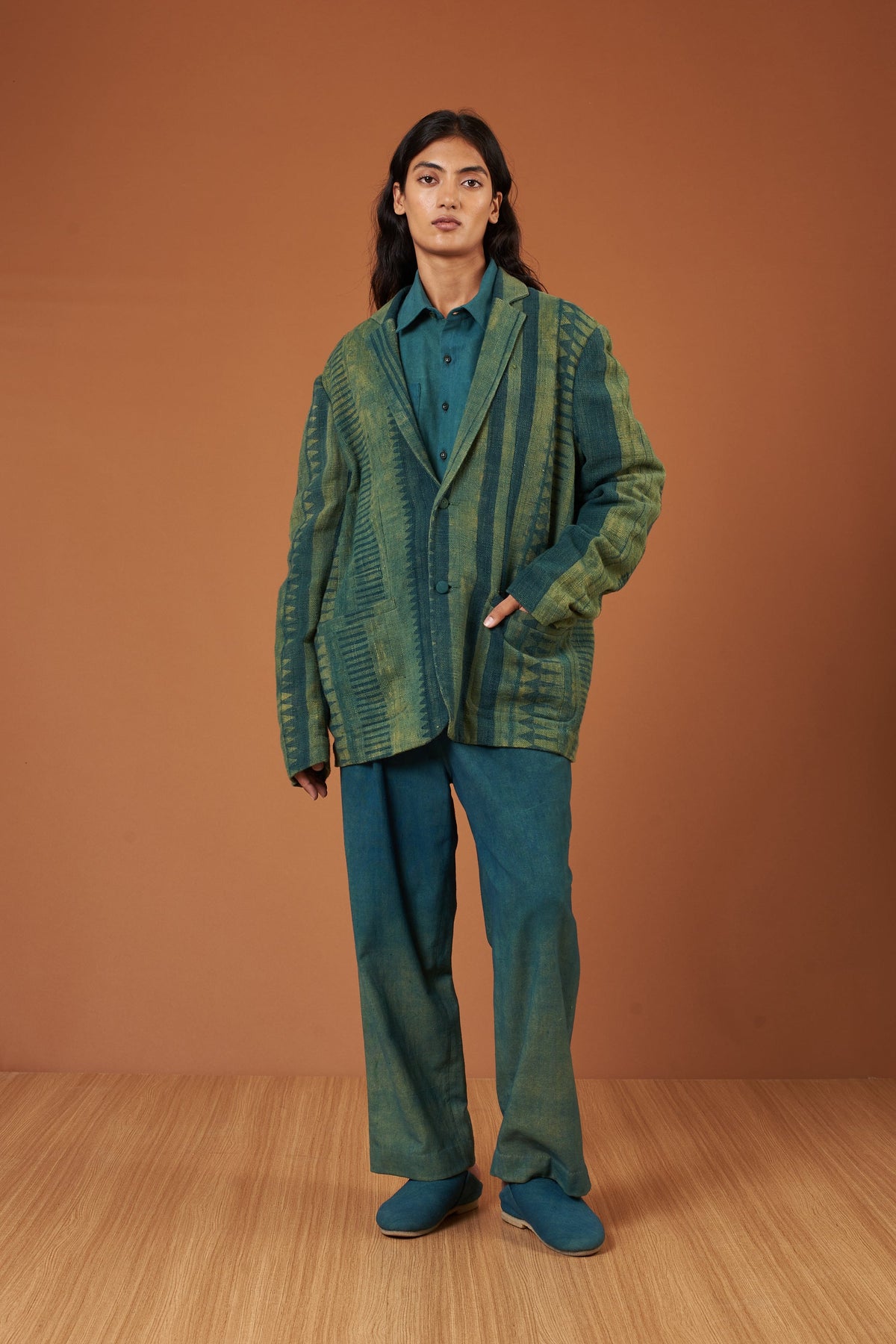 Block Printed Oversized Jacket in Bottle Green