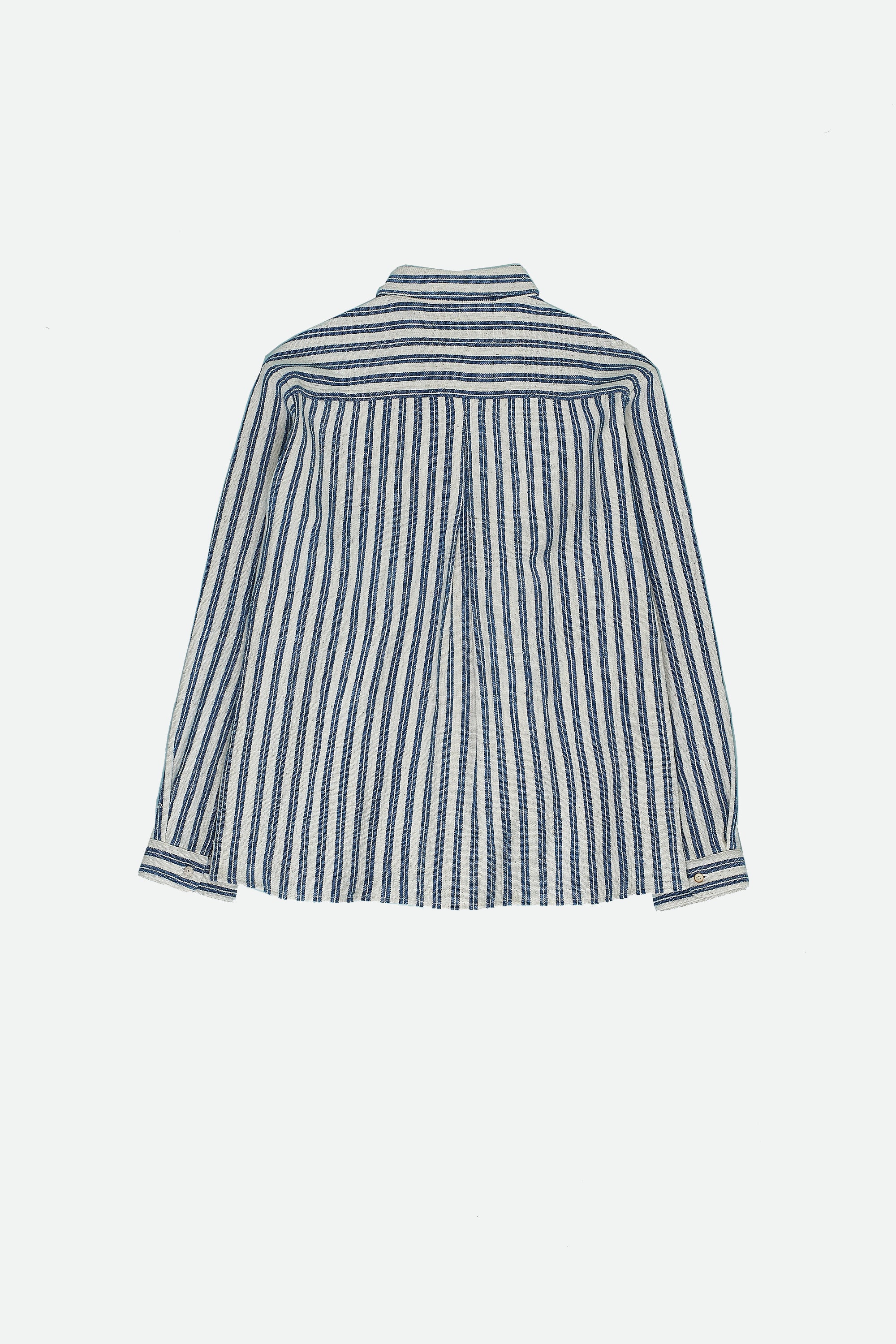 Back image of medium indigo yarn dyed cotton shirt