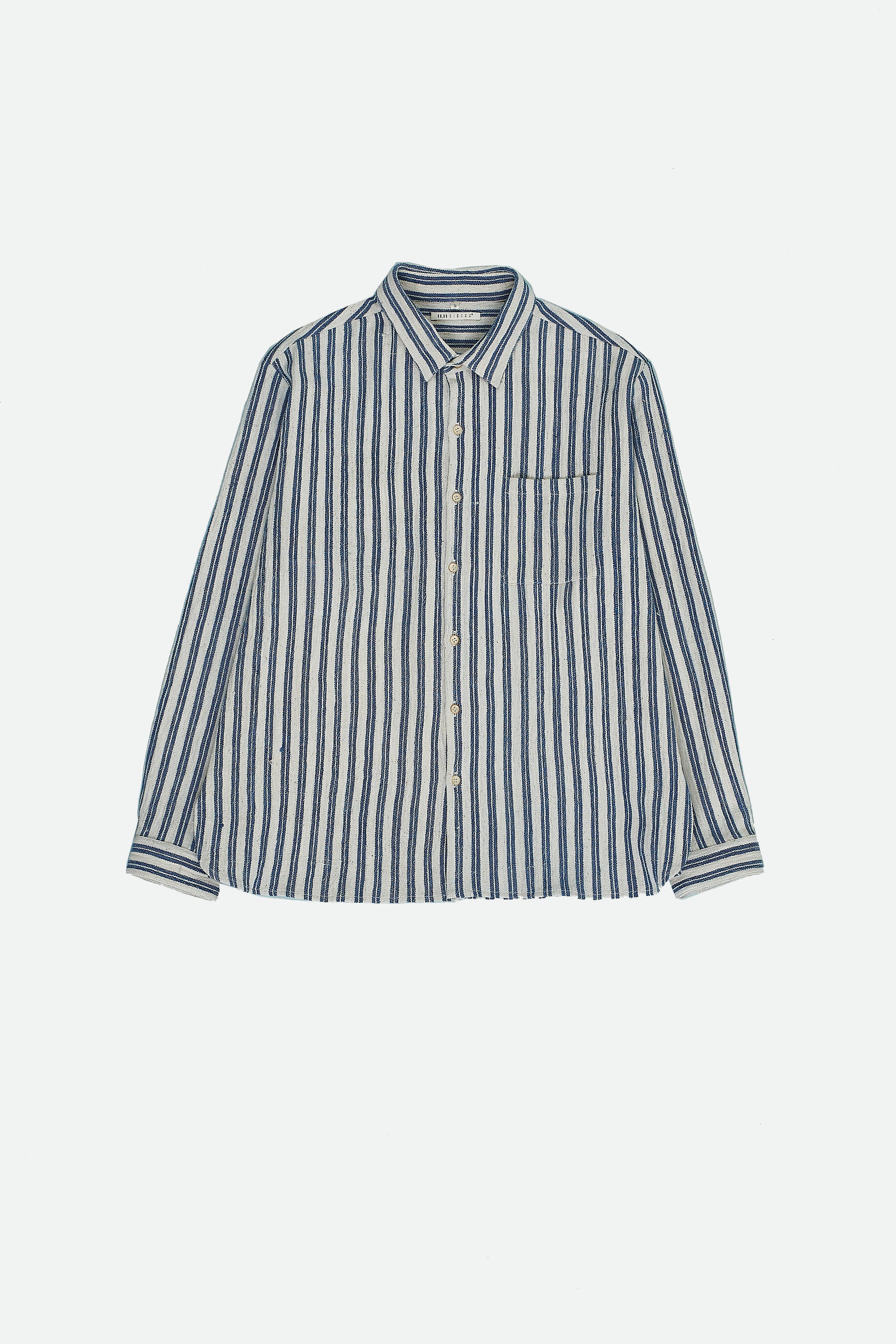 Front image of medium indigo yarn dyed cotton shirt