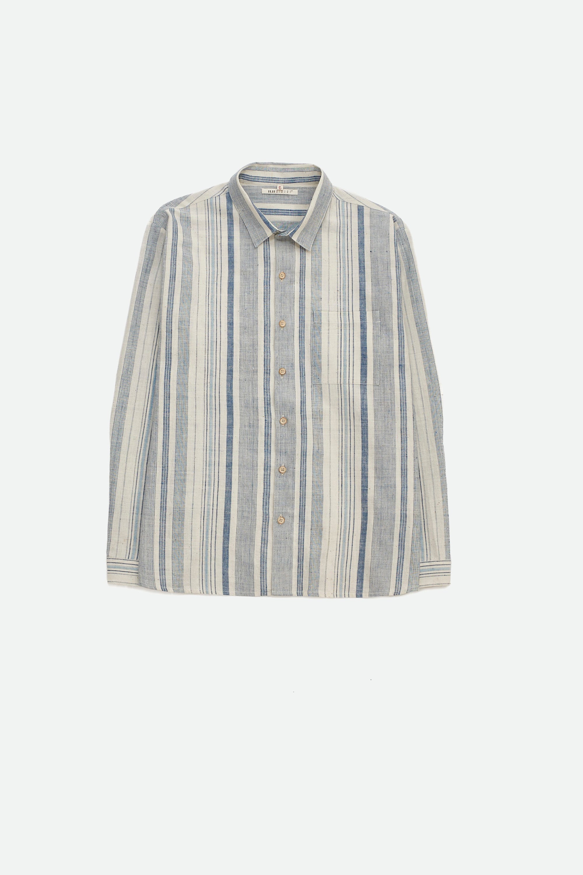 Front image of medium indigo cotton shirt with yarn dyed