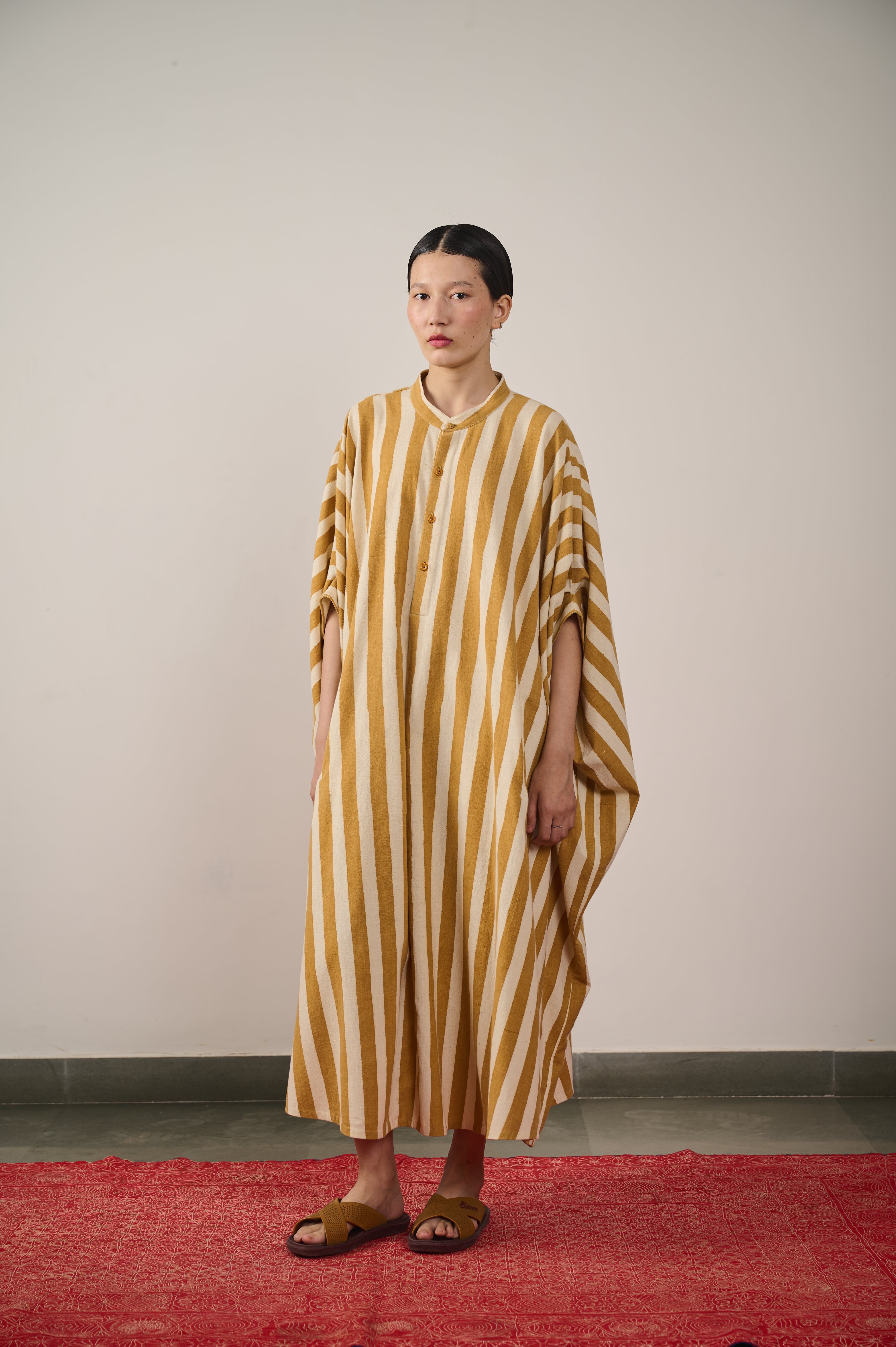 STRIPED KAFTAN DRESS IN MUSTARD YELLOW