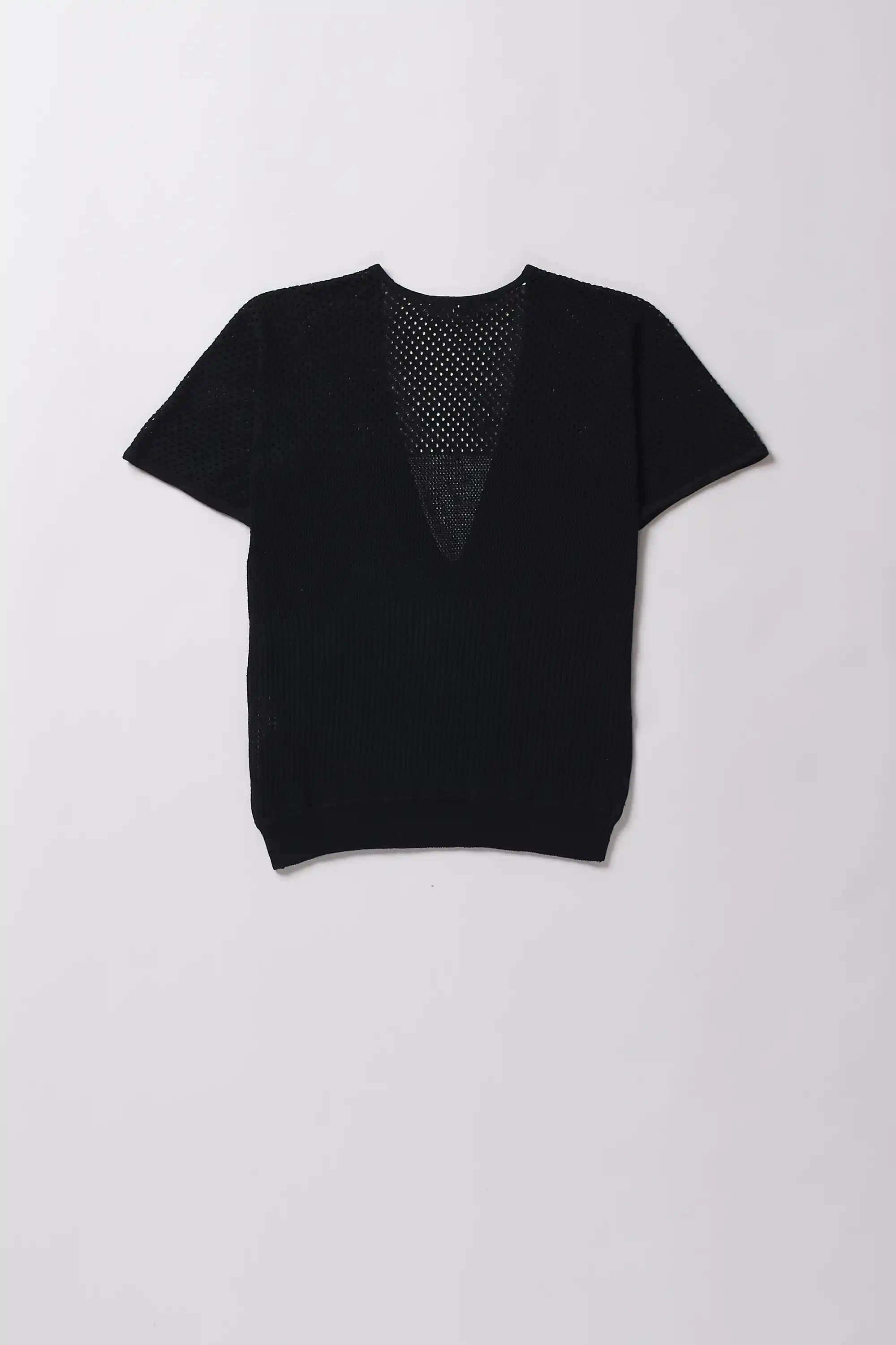 Black t-shirt with mesh detail on a light gray background