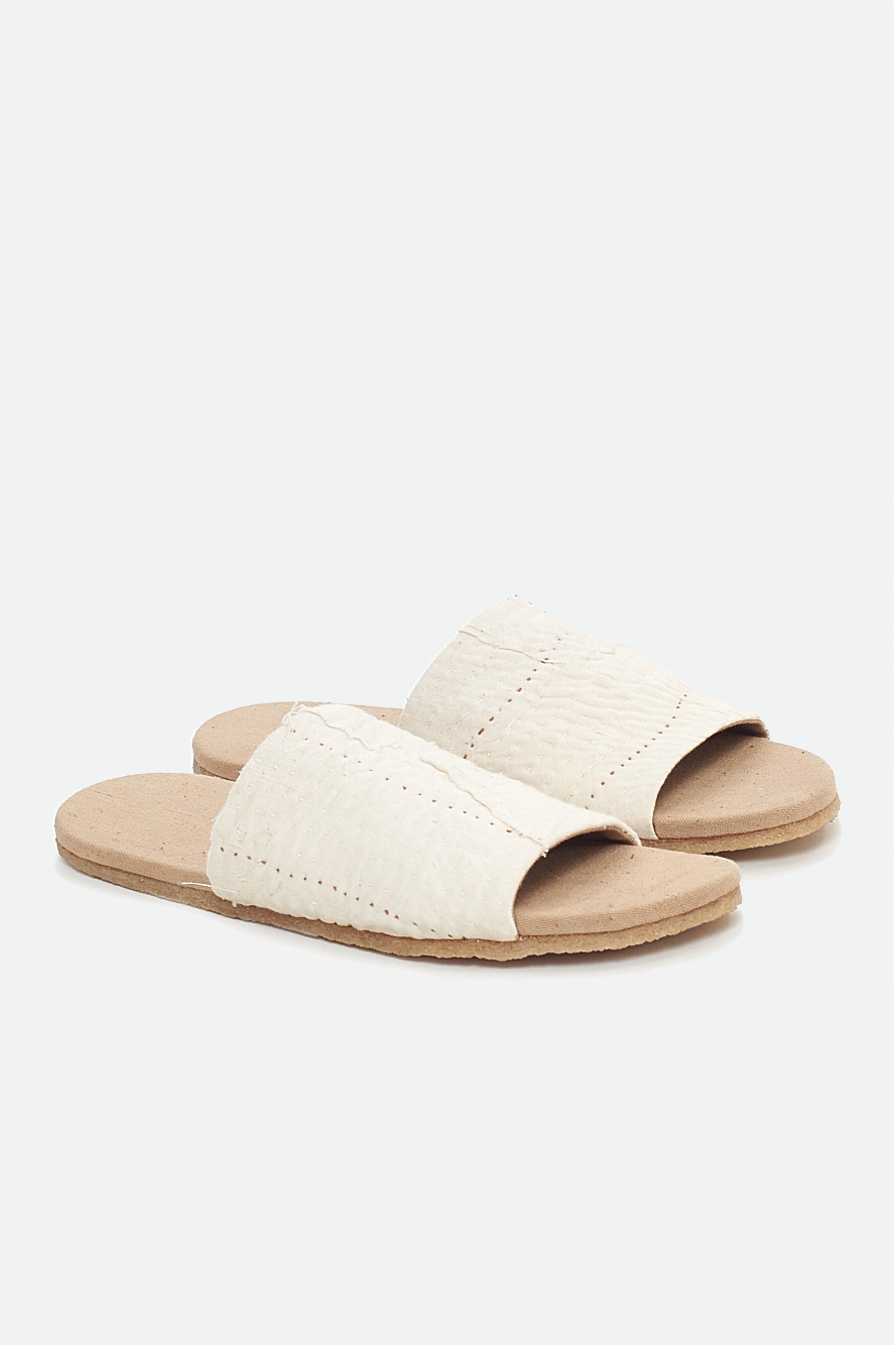 ECRU HAND-CRAFTED PAIR OF PATCHWORK SLIDES