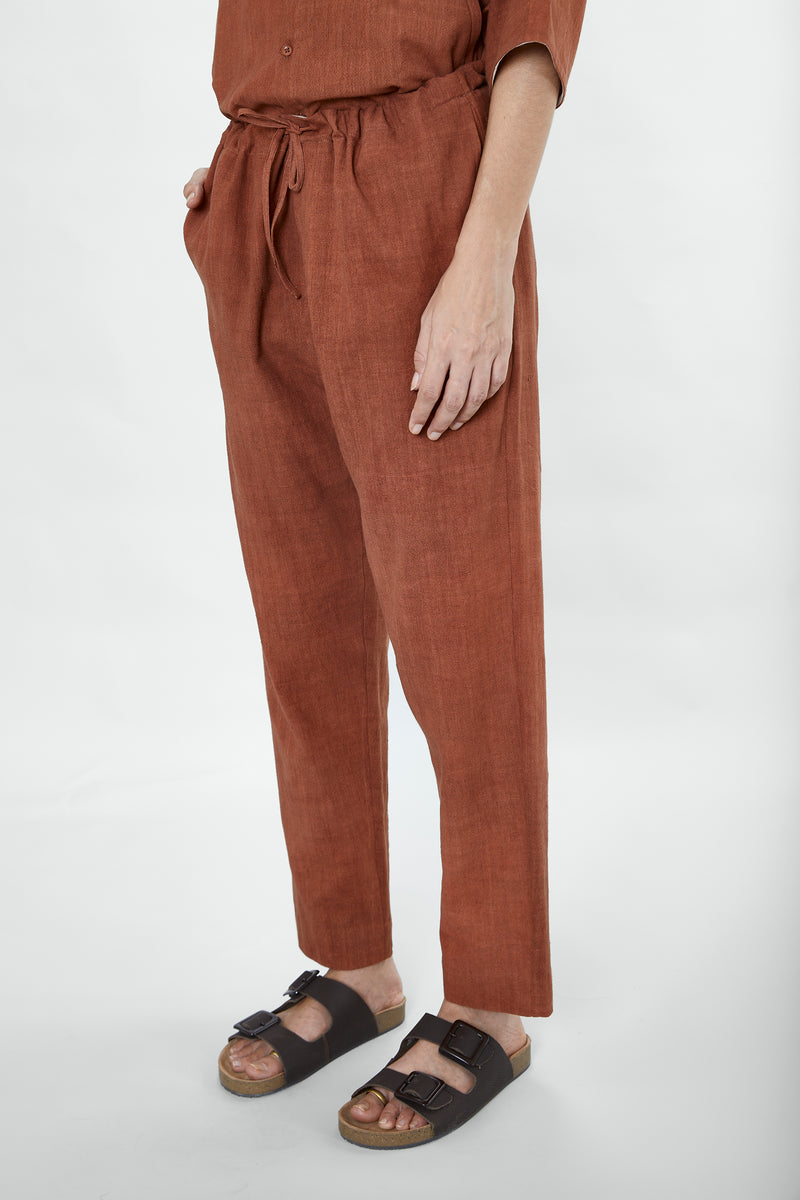 BRICK RED COTTON LINEN TROUSERS