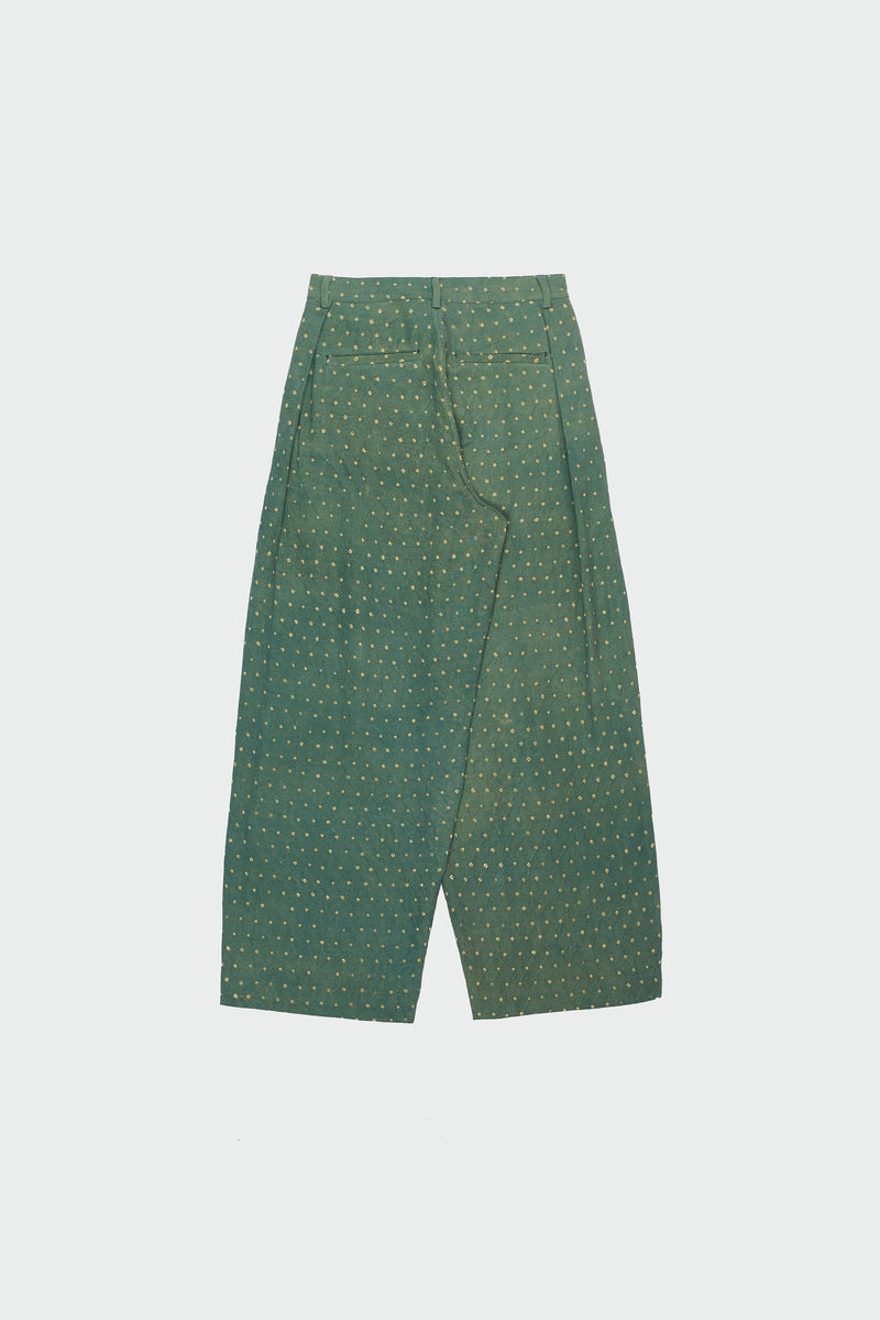 OLIVE GREEN BANDHANI COTTON PLEATED TROUSER