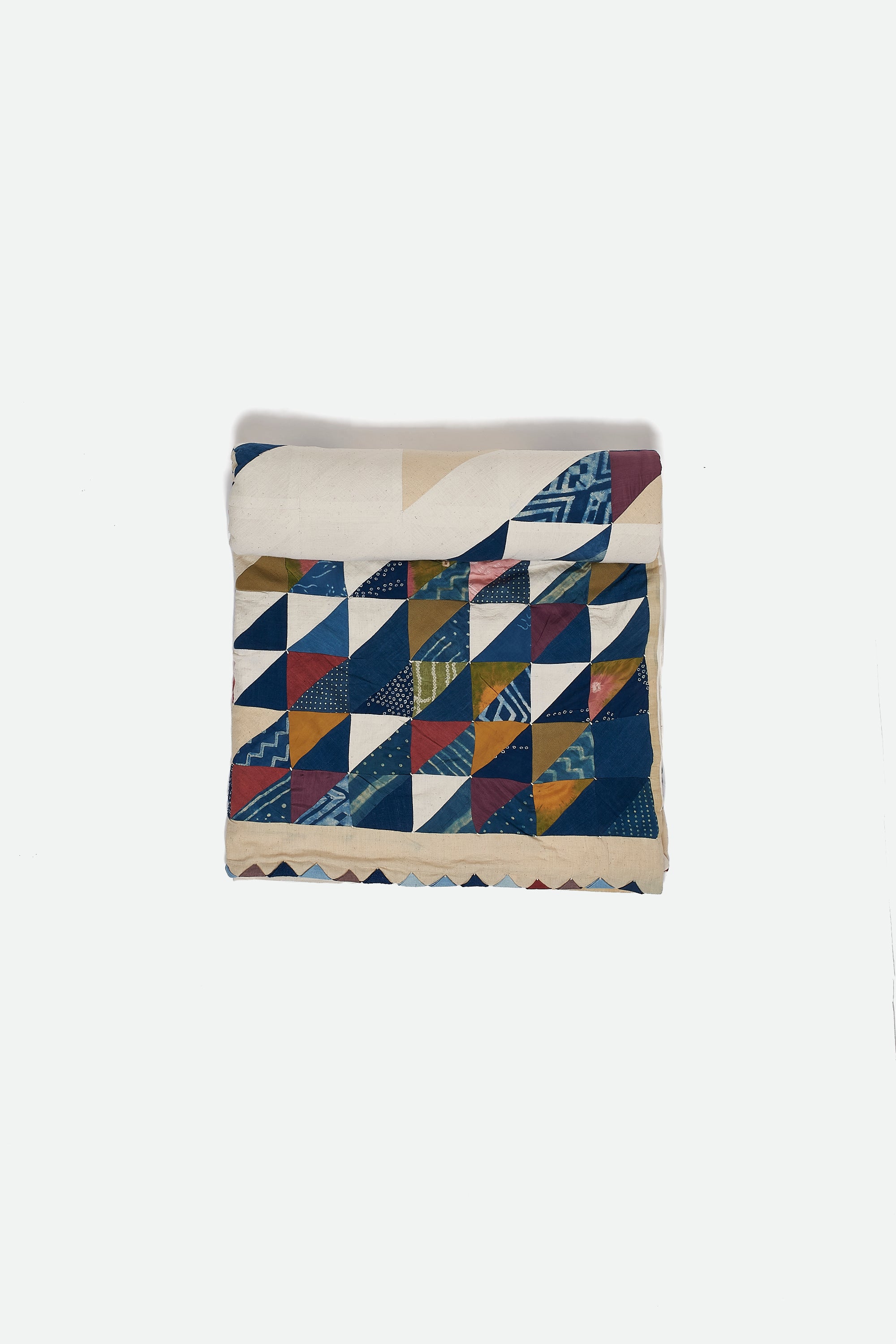 Angular Patchwork Quilt in Shades of Ecru and Indigo