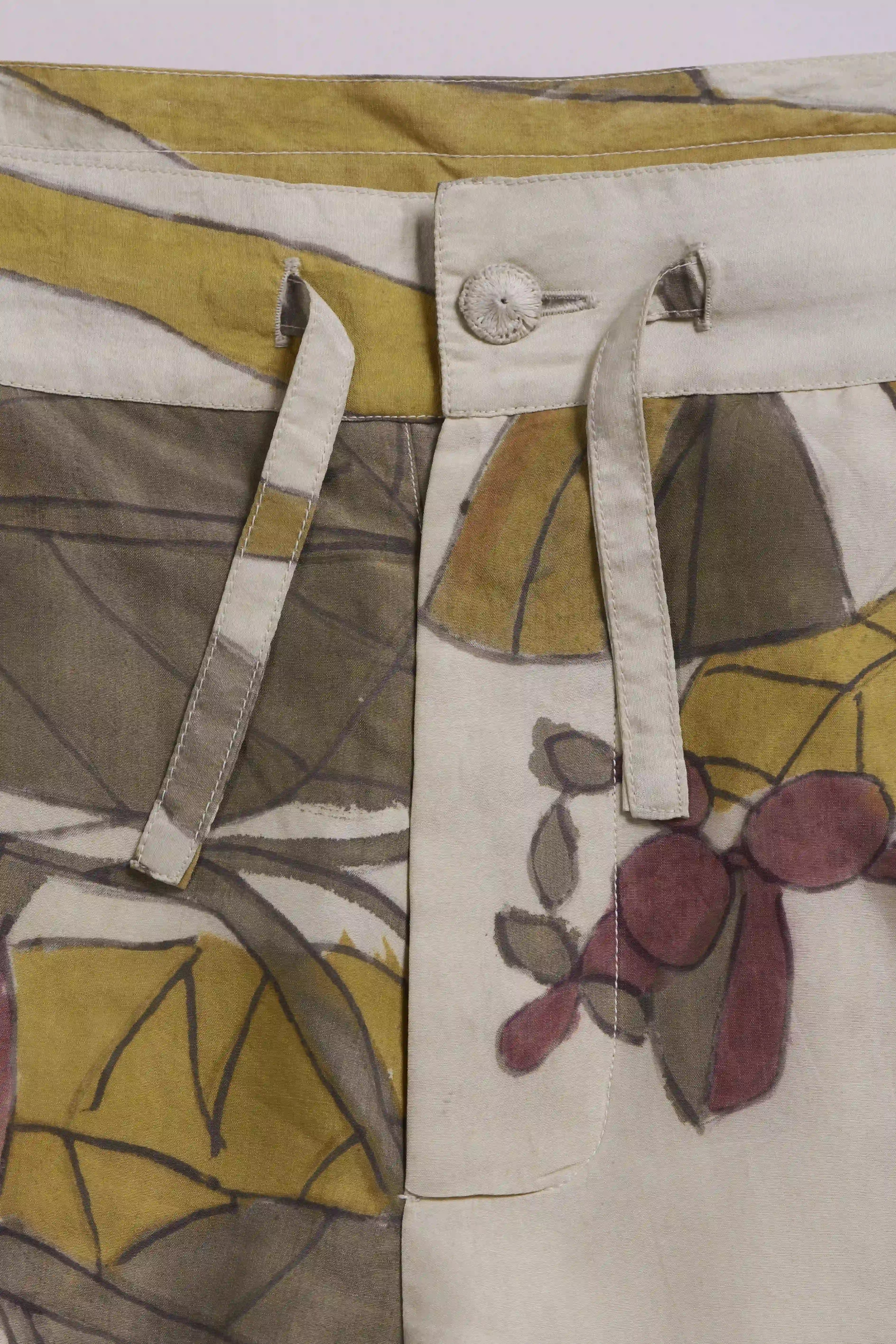 Close-up of a fabric with floral pattern and button