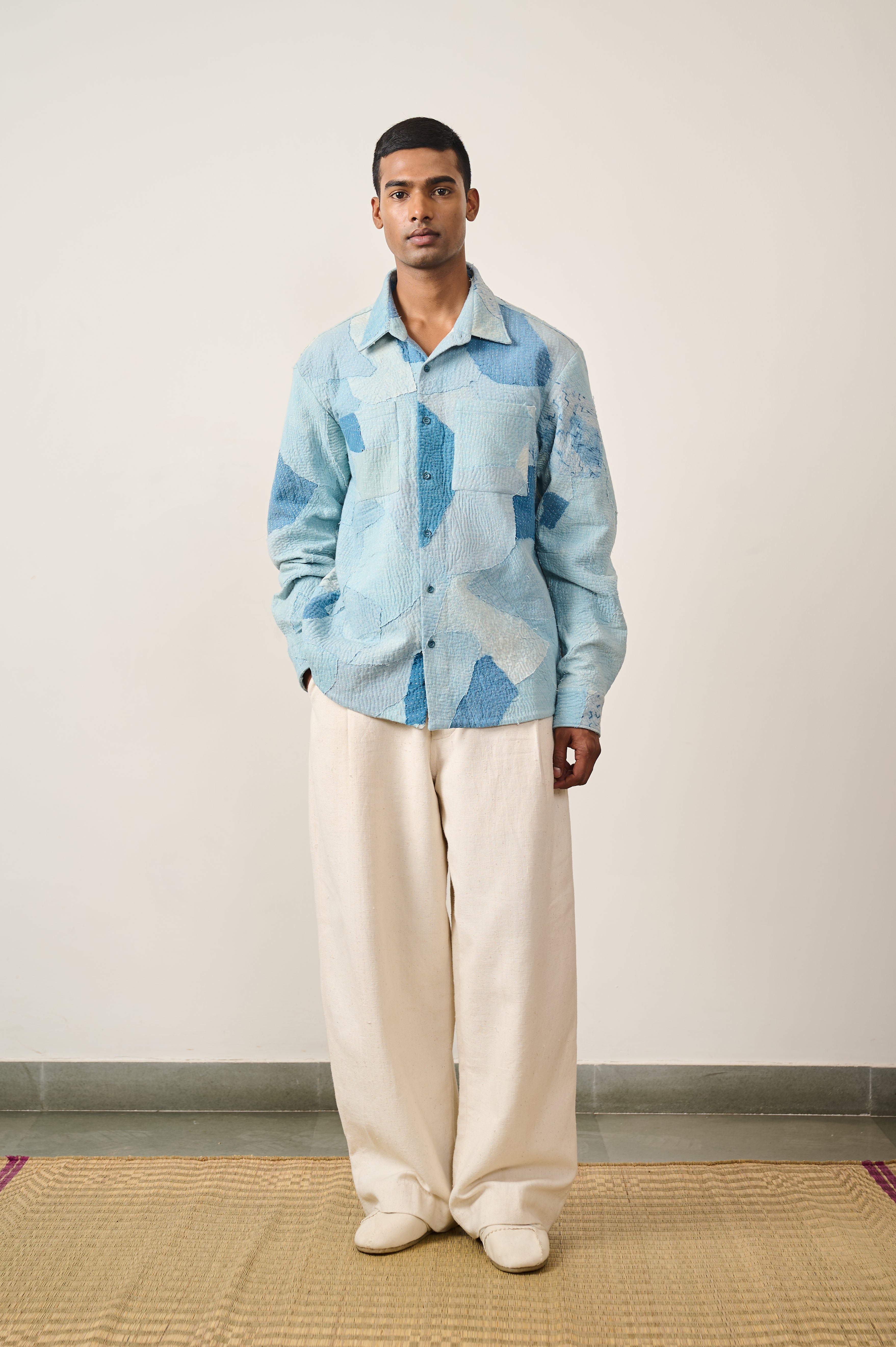 SKY INDIGO COTTON KANTHA PATCHWORK SHIRT