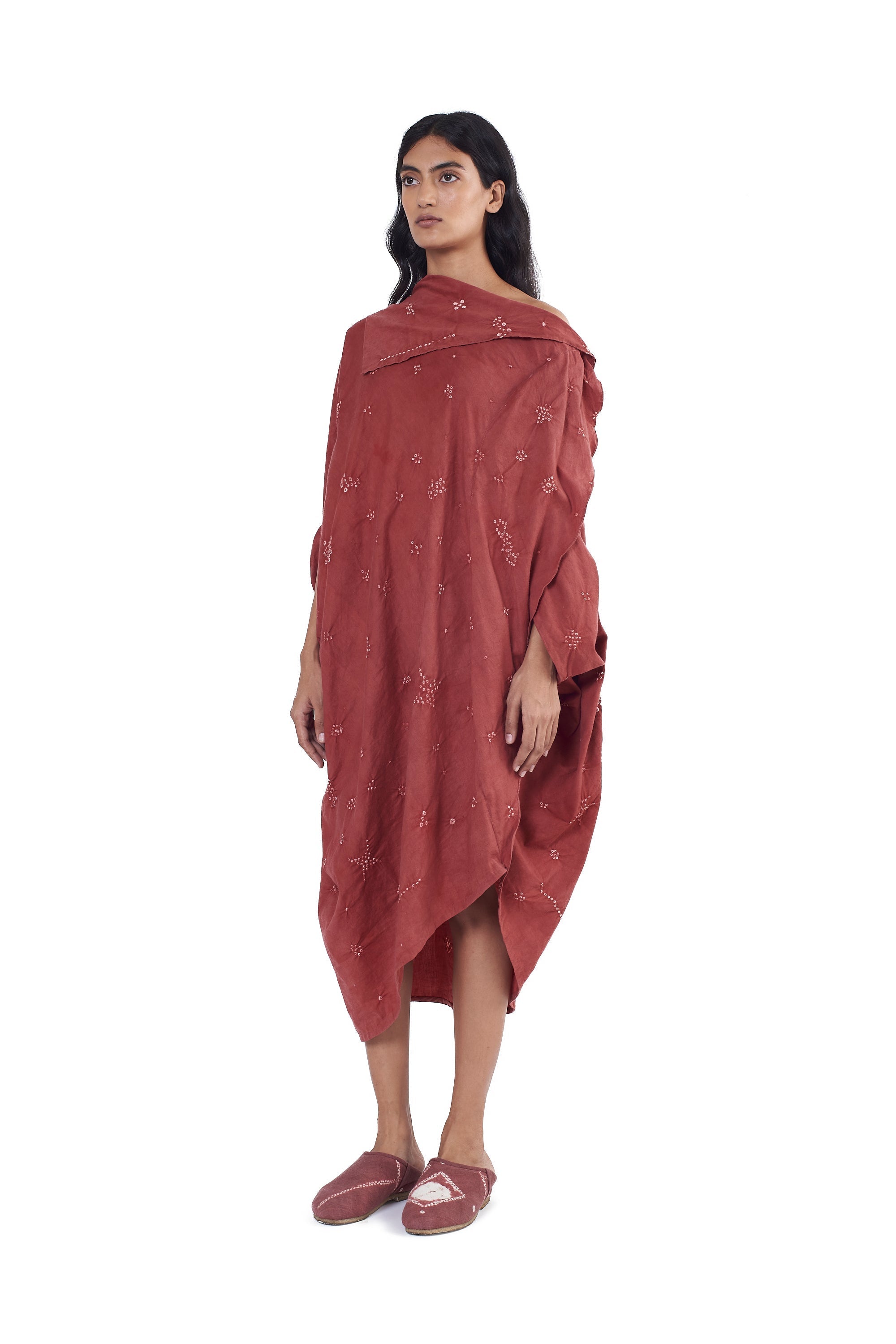 Crimson Pink Draped Dress with Miniature Bandhani