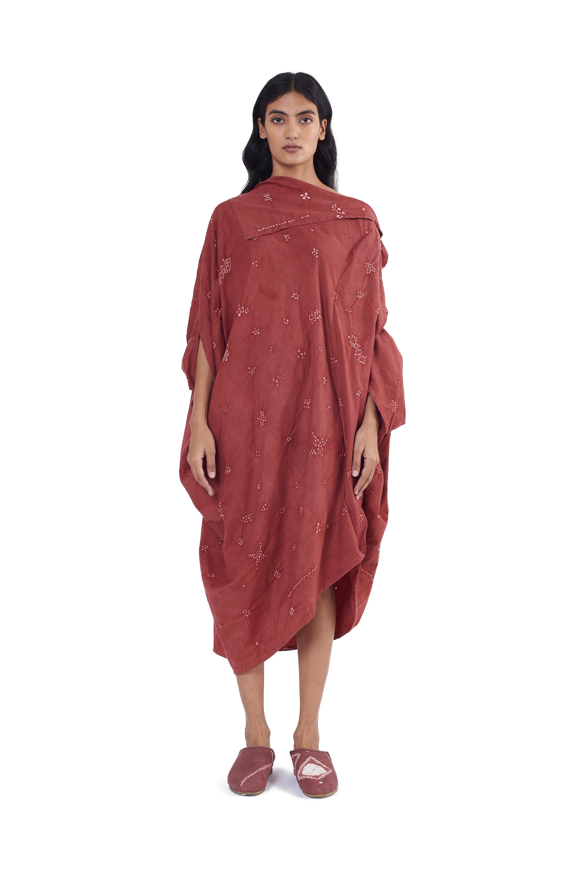 Crimson Pink Draped Dress with Miniature Bandhani