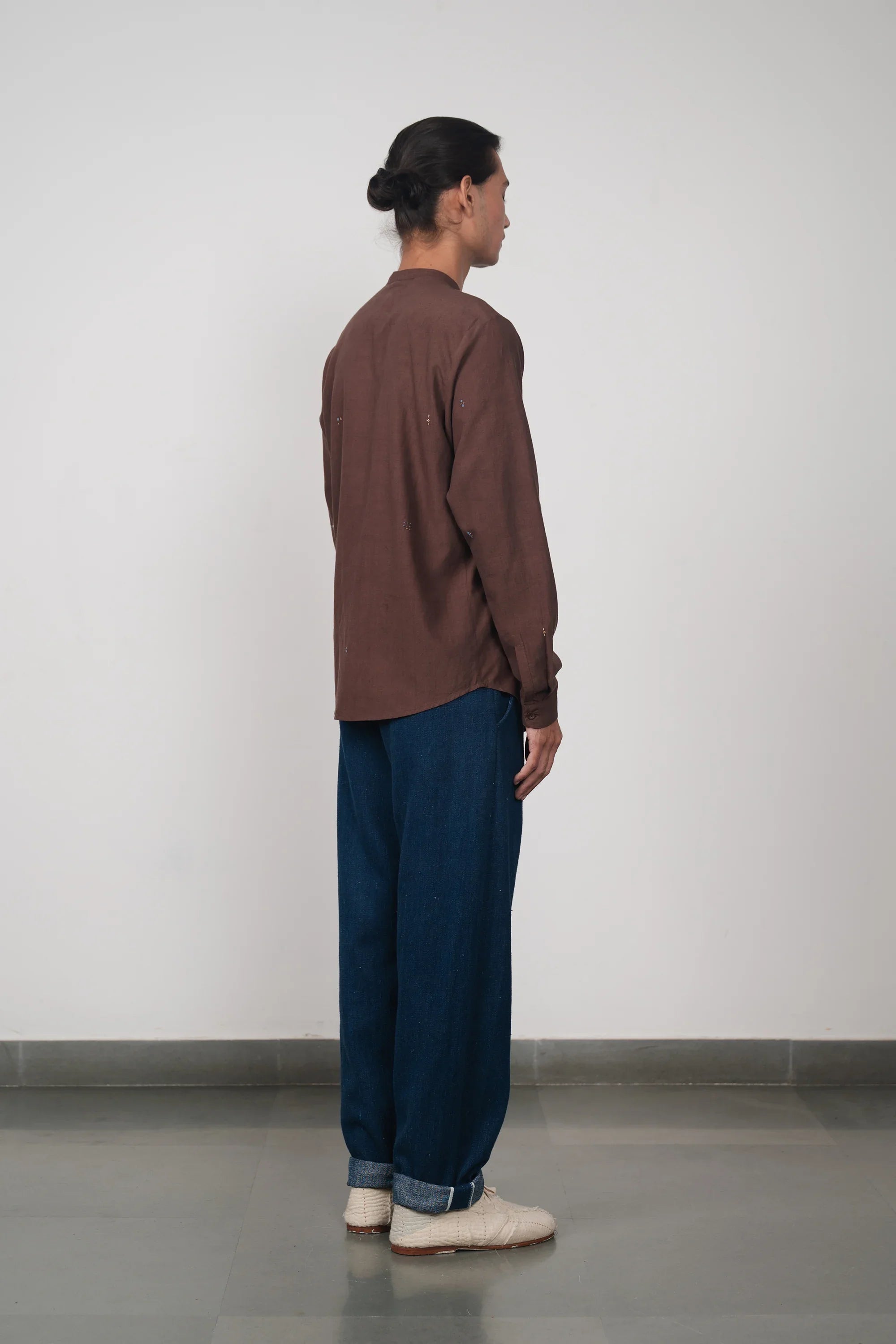 Burnt Umber Band Collar Embroidered Shirt