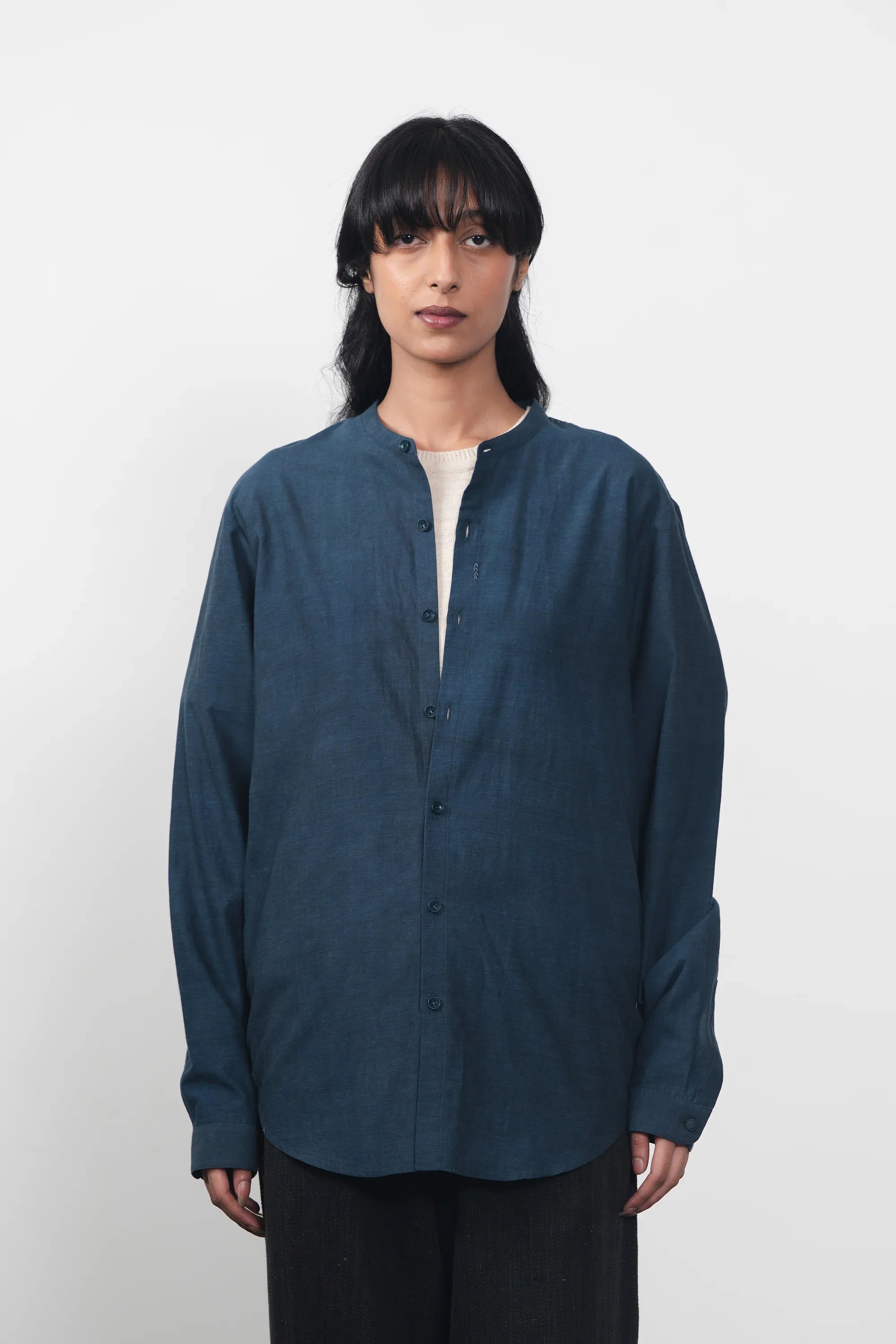 Band Collar Bandhani Shirt in Indigo