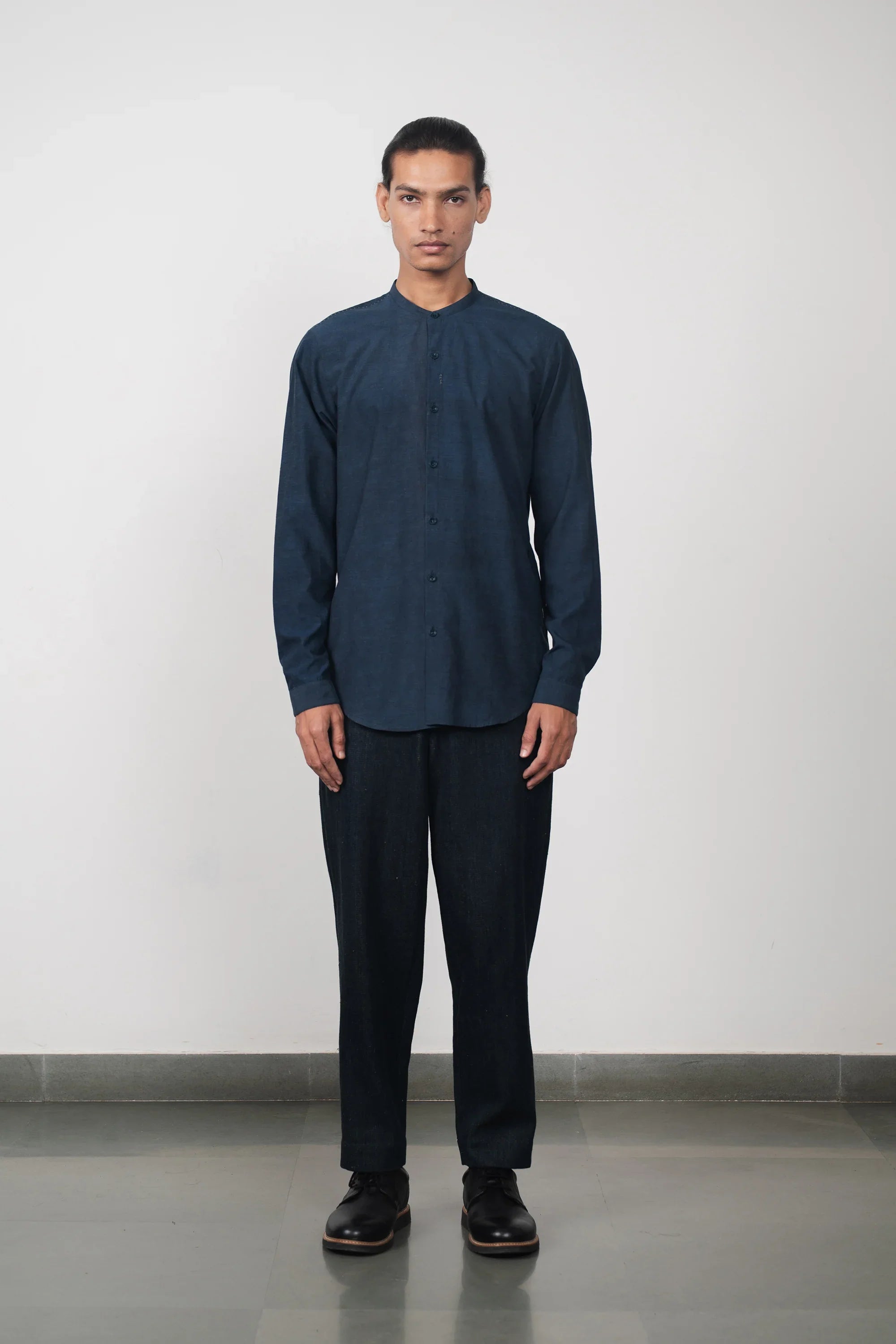 Indigo Band Collar Bandhani Shirt