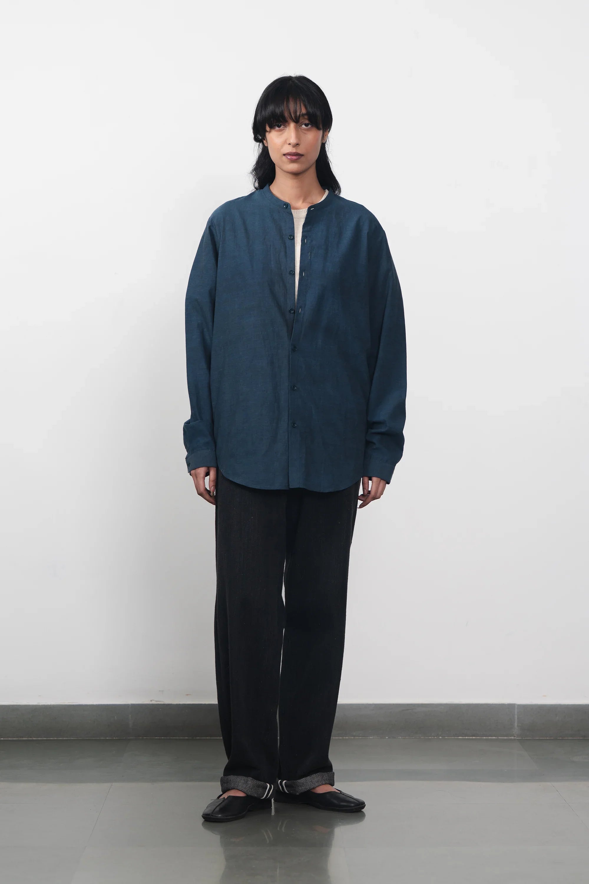 Band Collar Bandhani Shirt in Indigo