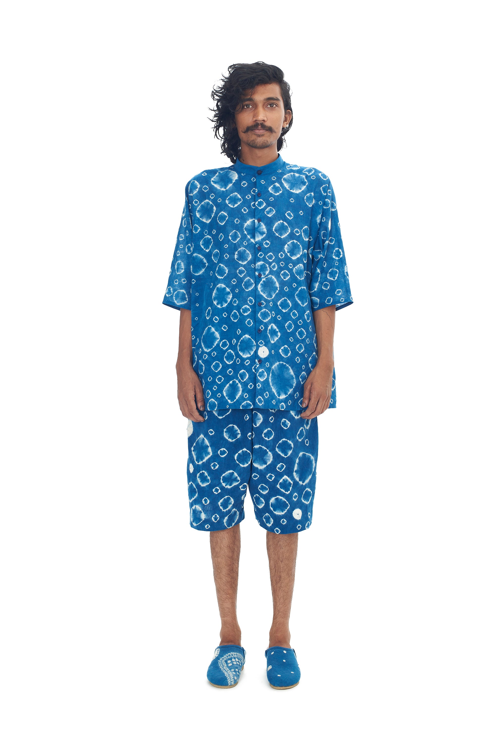 Indigo Relaxed Organic Cotton Shorts Speckled with Shibori Pattern