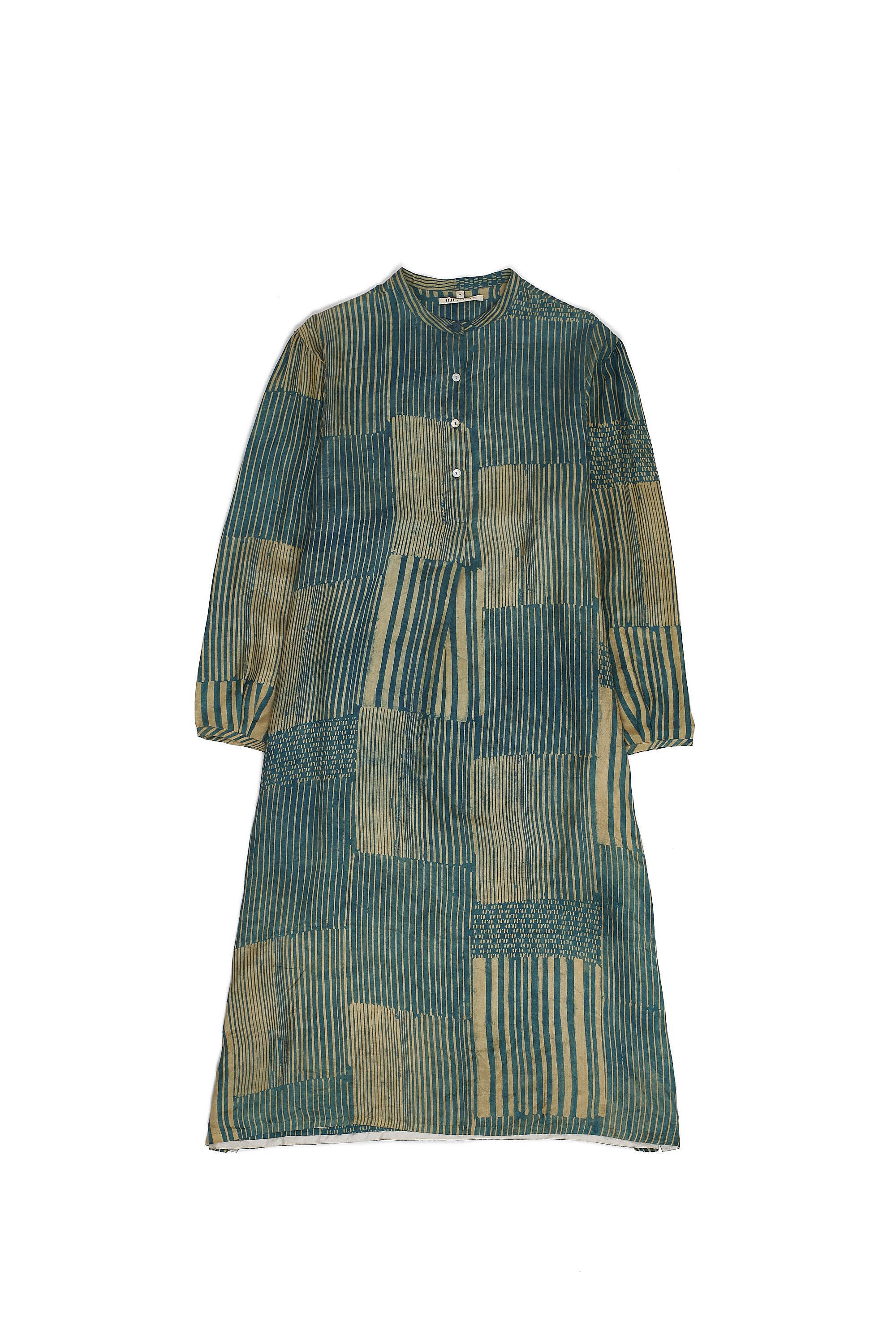 LONG GATHERED PUFF SLEEVED BLOCK PRINTED DRESS