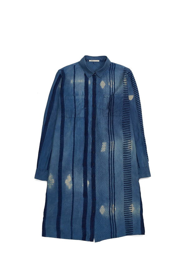 INDIGO BLOCK PRINT & SHIBORI BUTTON DOWN SILK DRESS