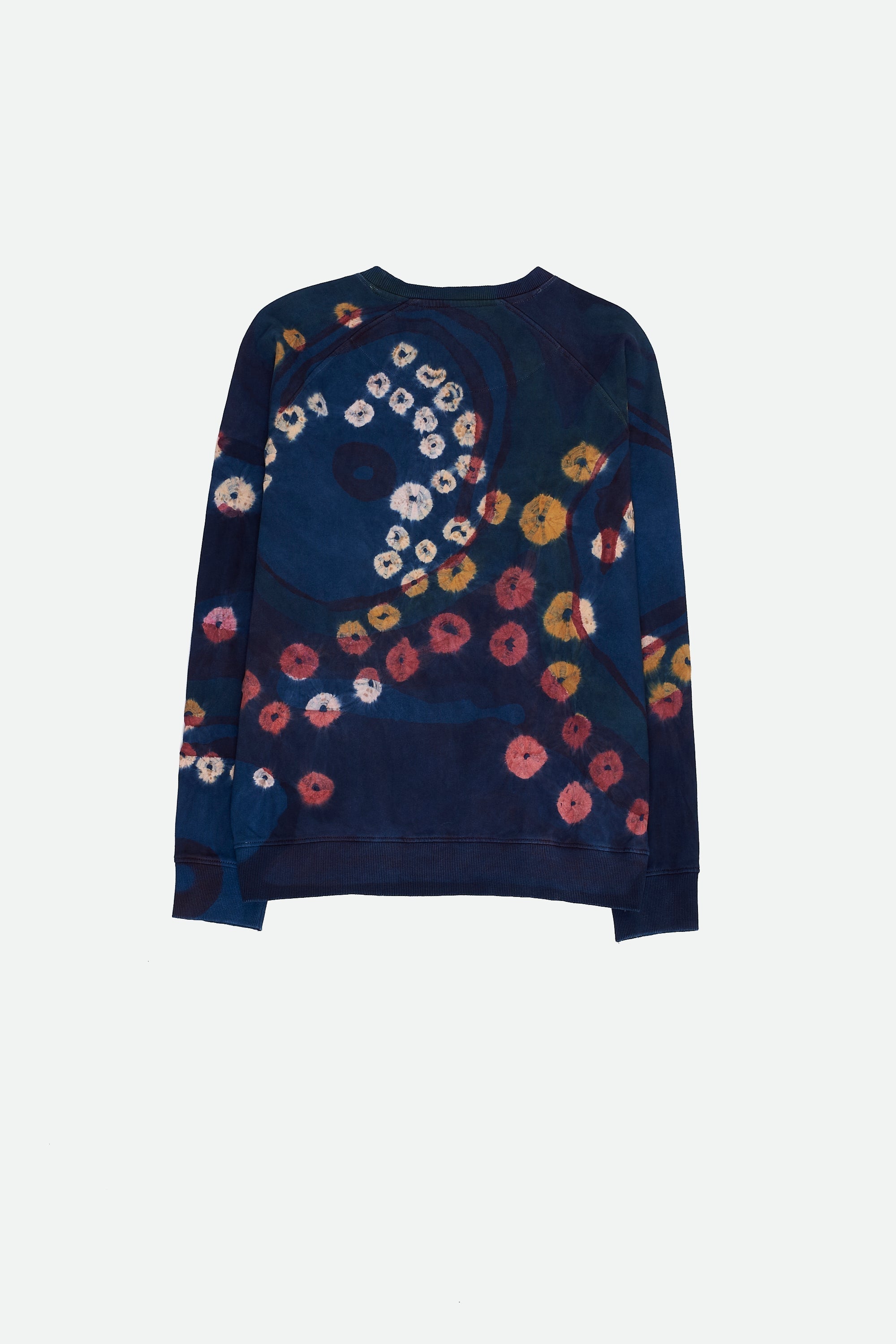 Back image of medium indigo bandhani and hand painted sweatshirt
