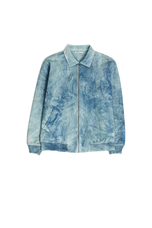 INDIGO WASHED HANDWOVEN DENIM BOMBER JACKET DEOXIDISED IN A NATURAL SOLUTION