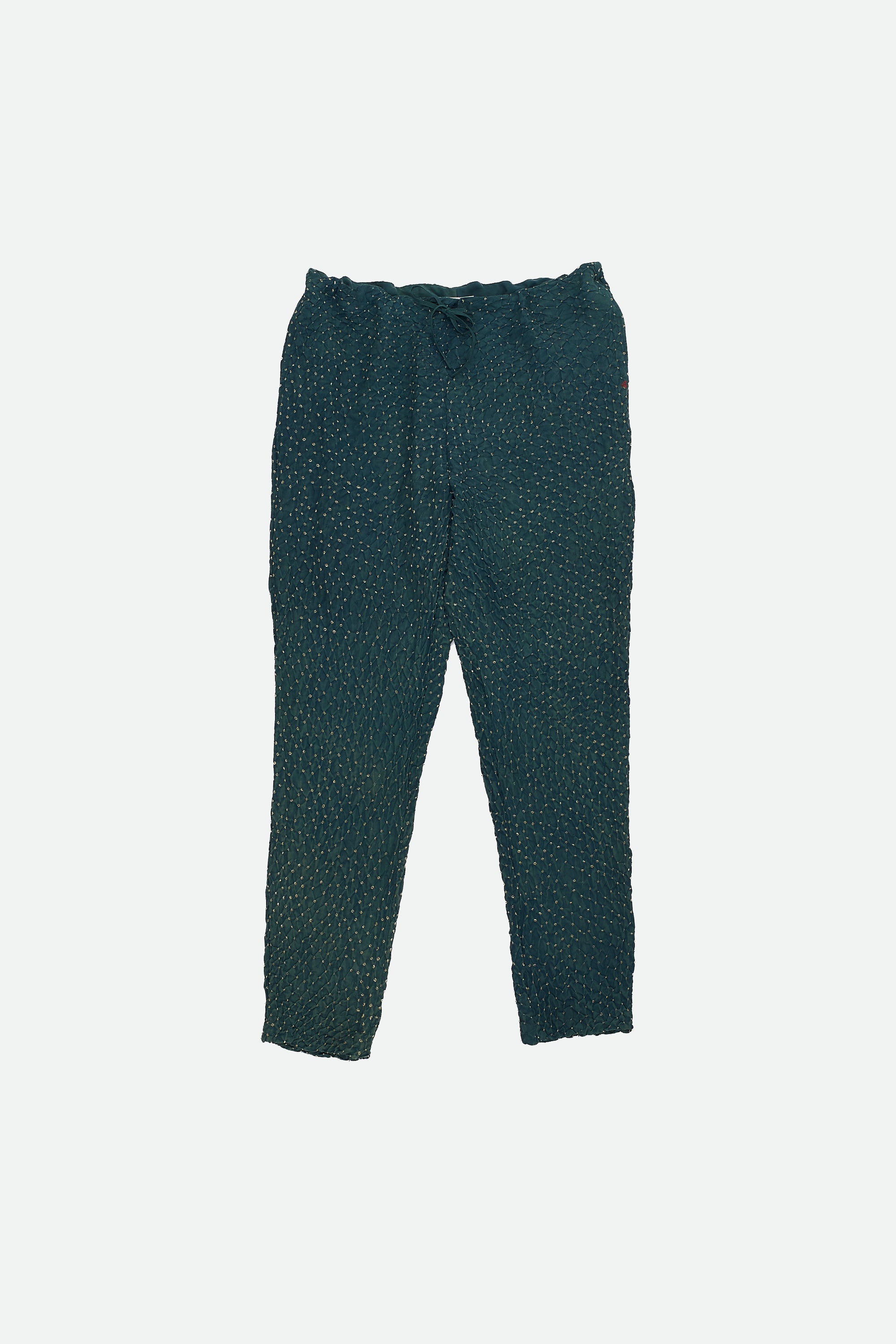 BOTTLE GREEN SOFT SILK ALL OVER BANDHANI PANTS