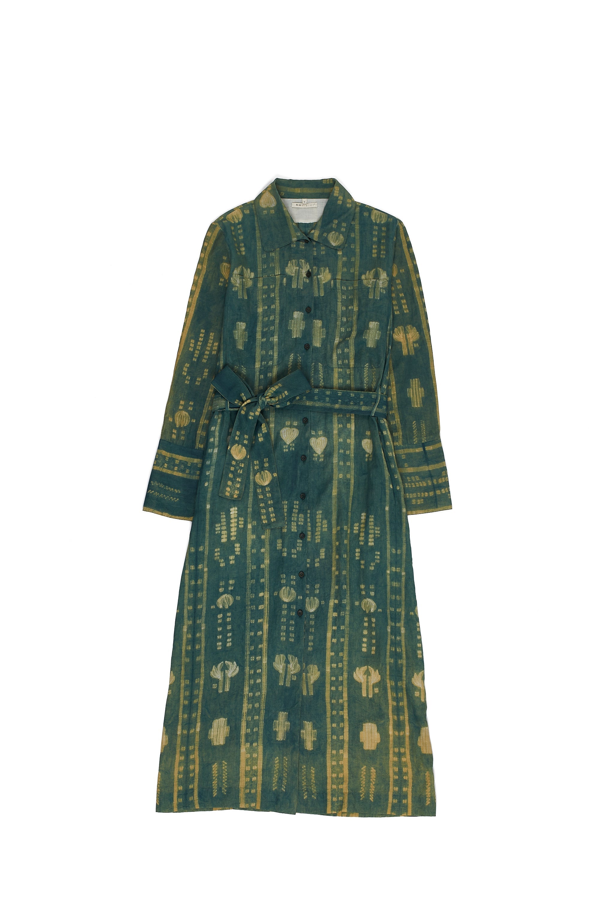 BOTTLE GREEN SHIBORI COTTON SILK BLEND WOMEN'S DRESS