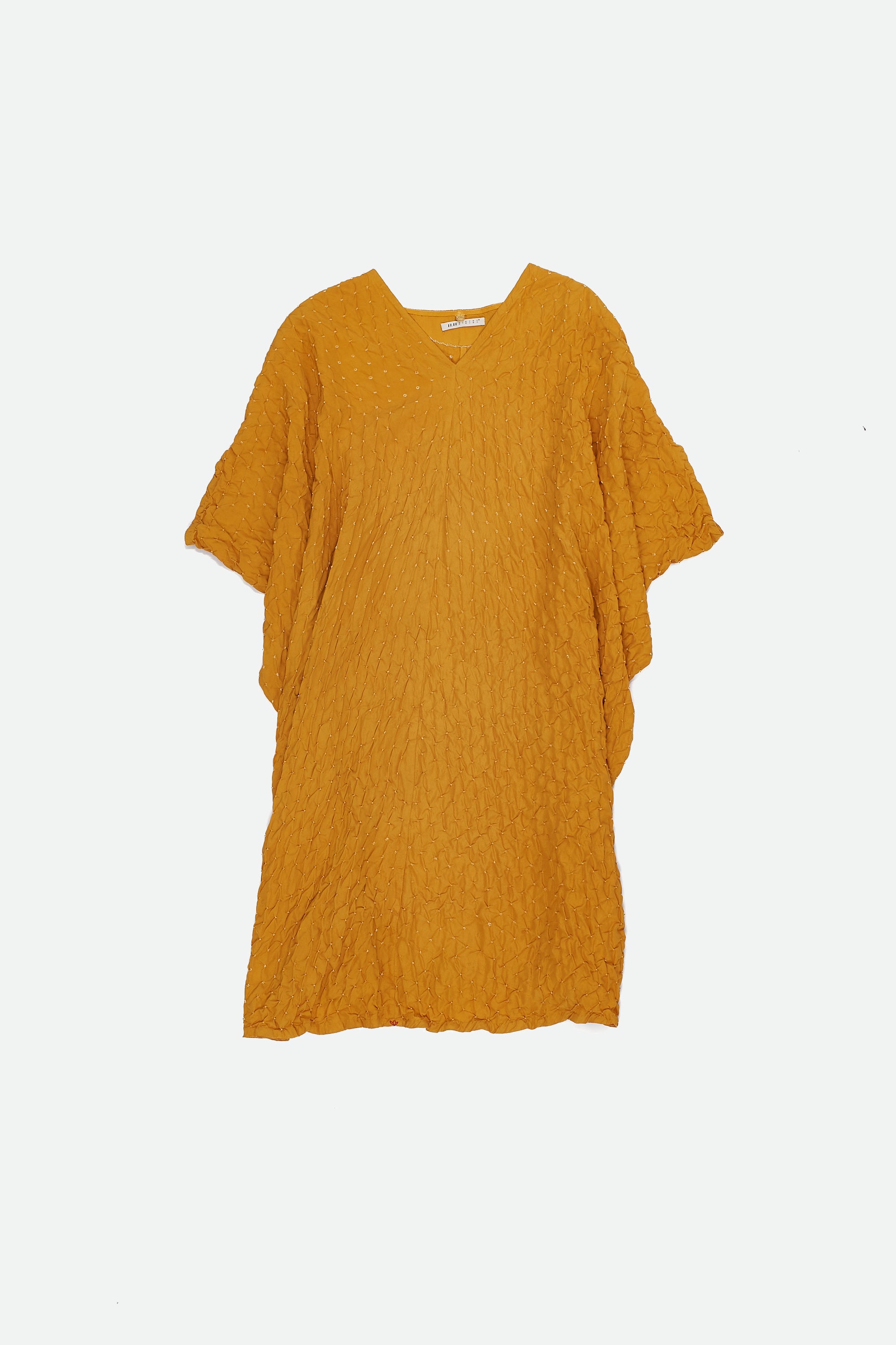 MANGO YELLOW BANDHANI SILK KAFTAN DRESS