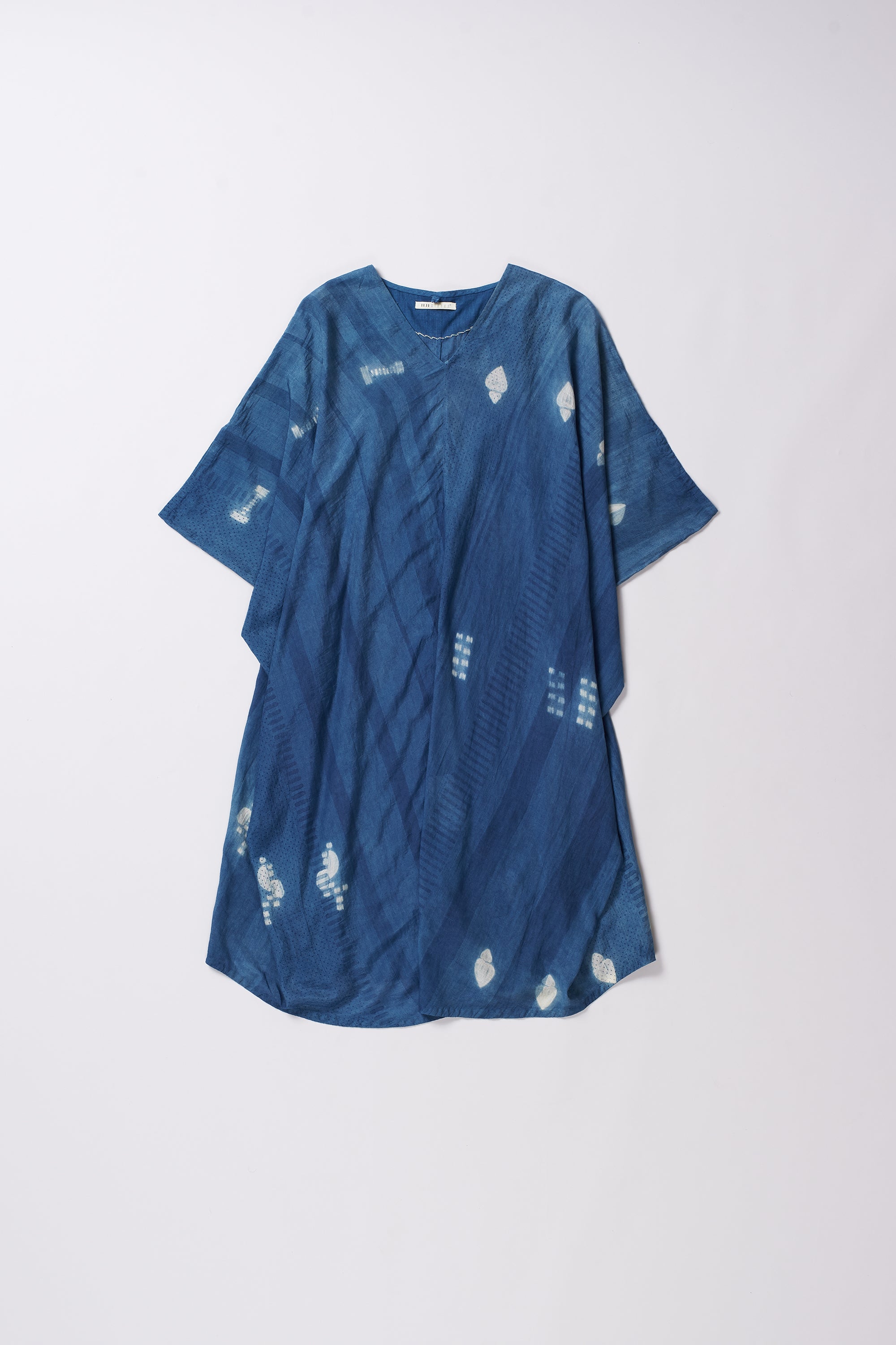 MEDIUM INDIGO BLOCK PRINT KAFTAN COTTON SILK WOMEN'S DRESS