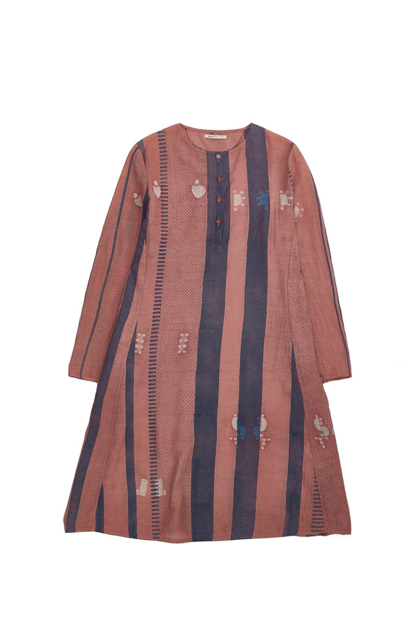 CHALK PINK BLOCK PRINTED AND SHIBORI COTTON SILK DRESS