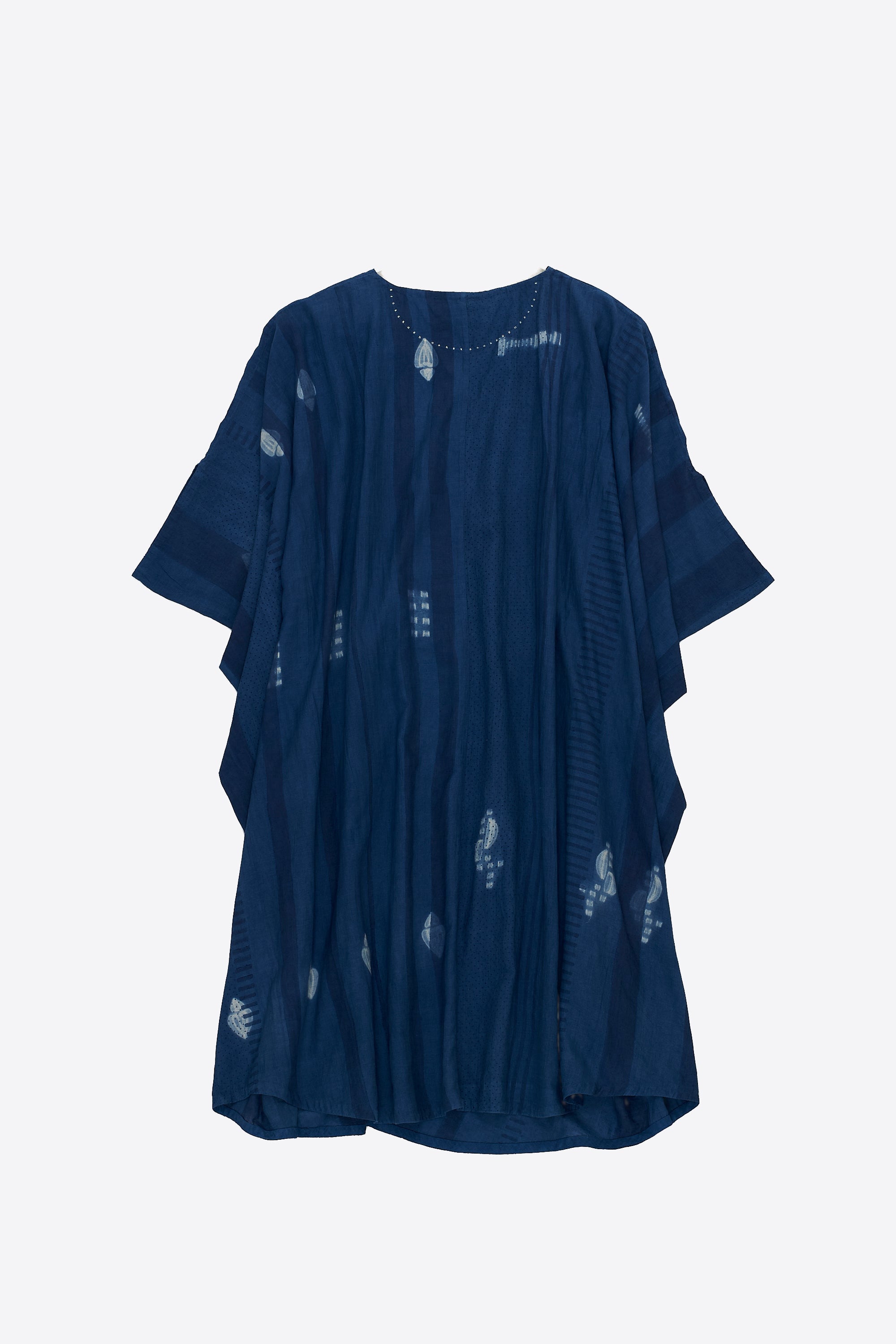 MEDIUM INDIGO BLOCK PRINT KAFTAN COTTON SILK WOMEN'S DRESS