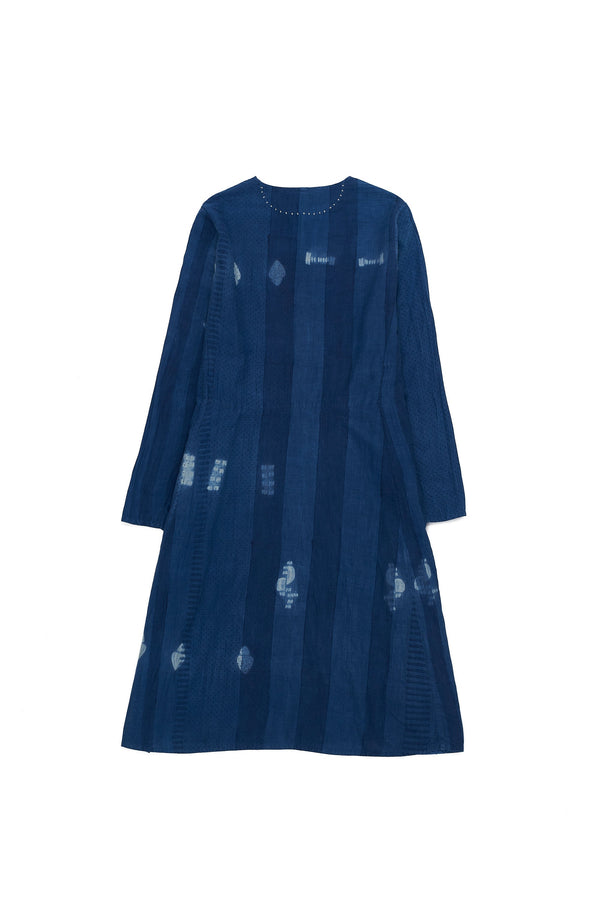 INDIGO BLOCK PRINTED AND SHIBORI COTTON SILK DRESS