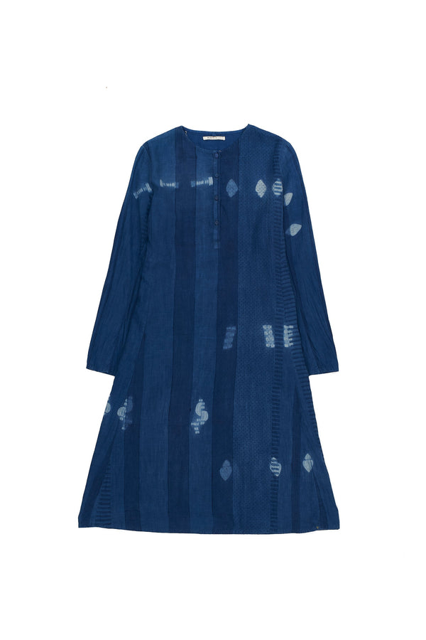 INDIGO BLOCK PRINTED AND SHIBORI COTTON SILK DRESS