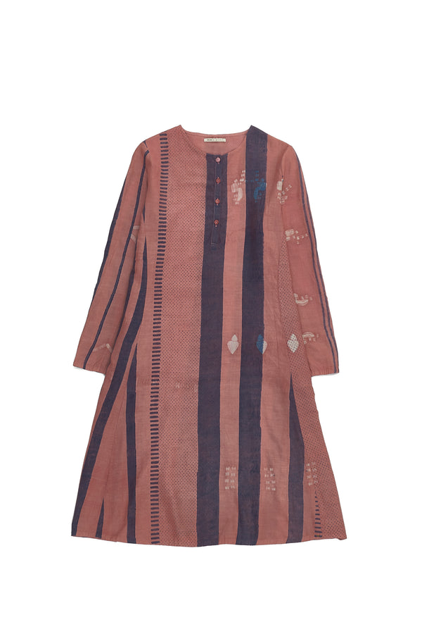 CHALK PINK BLOCK PRINTED AND SHIBORI COTTON SILK DRESS