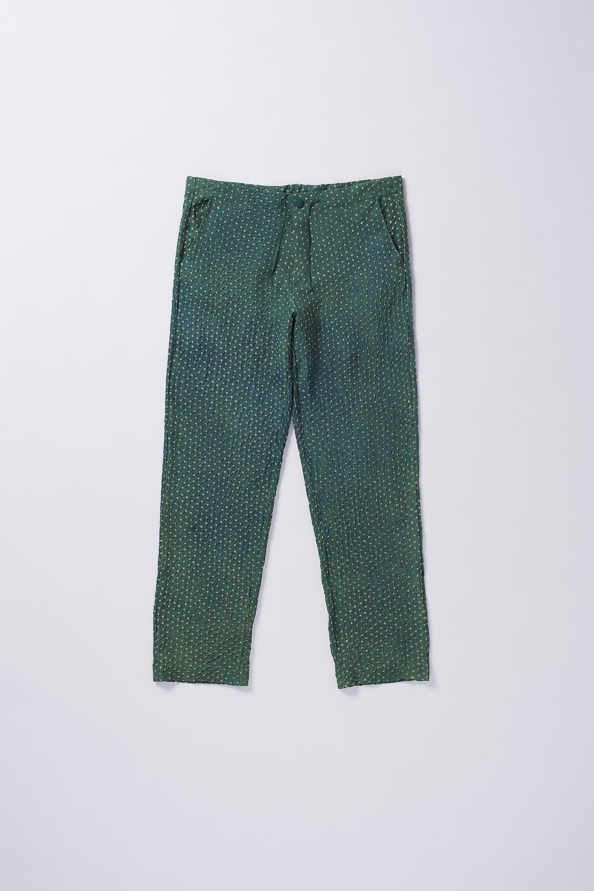 BOTTLE GREEN ALL OVER BANDHANI SILK PANT