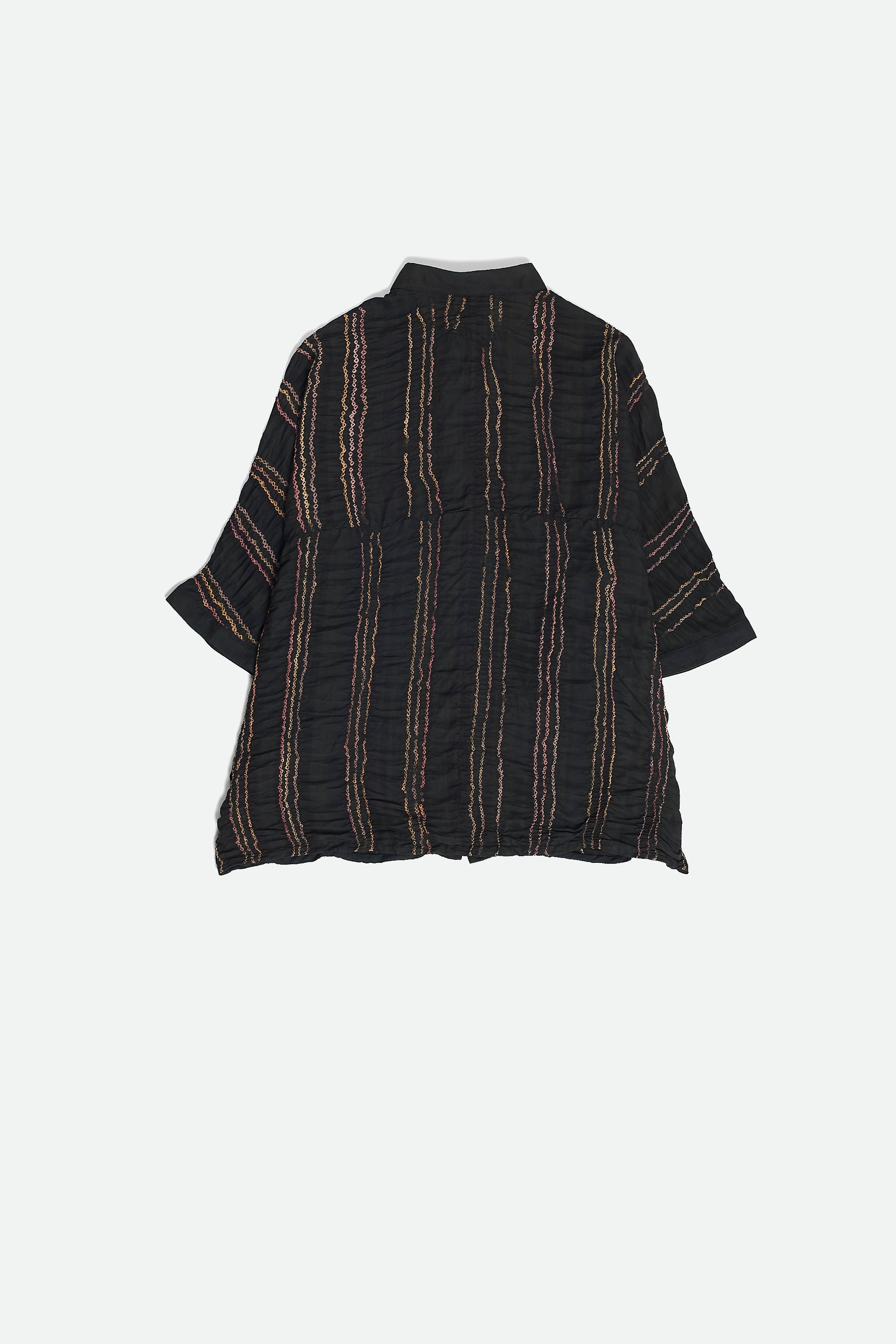 BLACK DYED SCREEN PRINTED SILK WITH BANDHANI SHIRT