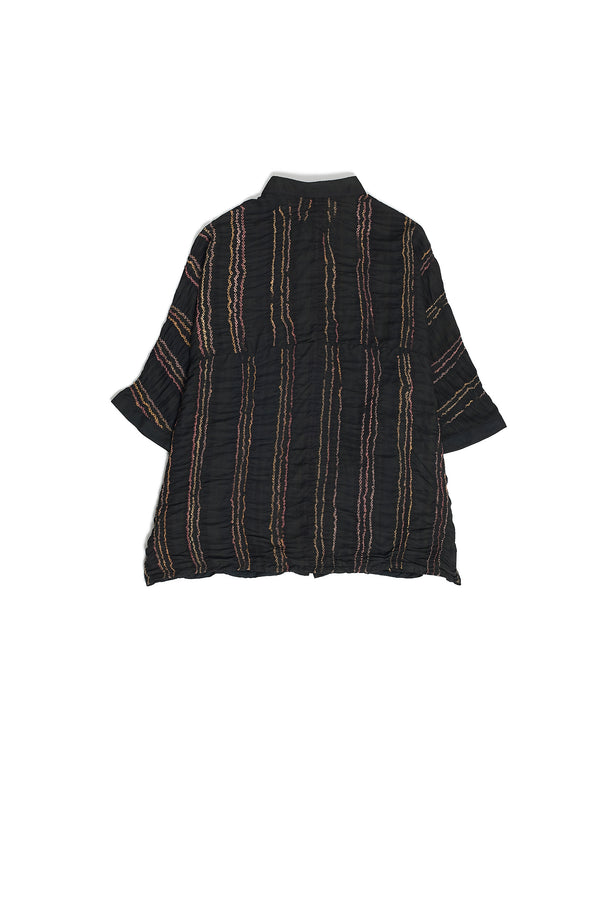 BLACK DYED SCREEN PRINTED SILK WITH BANDHANI SHIRT