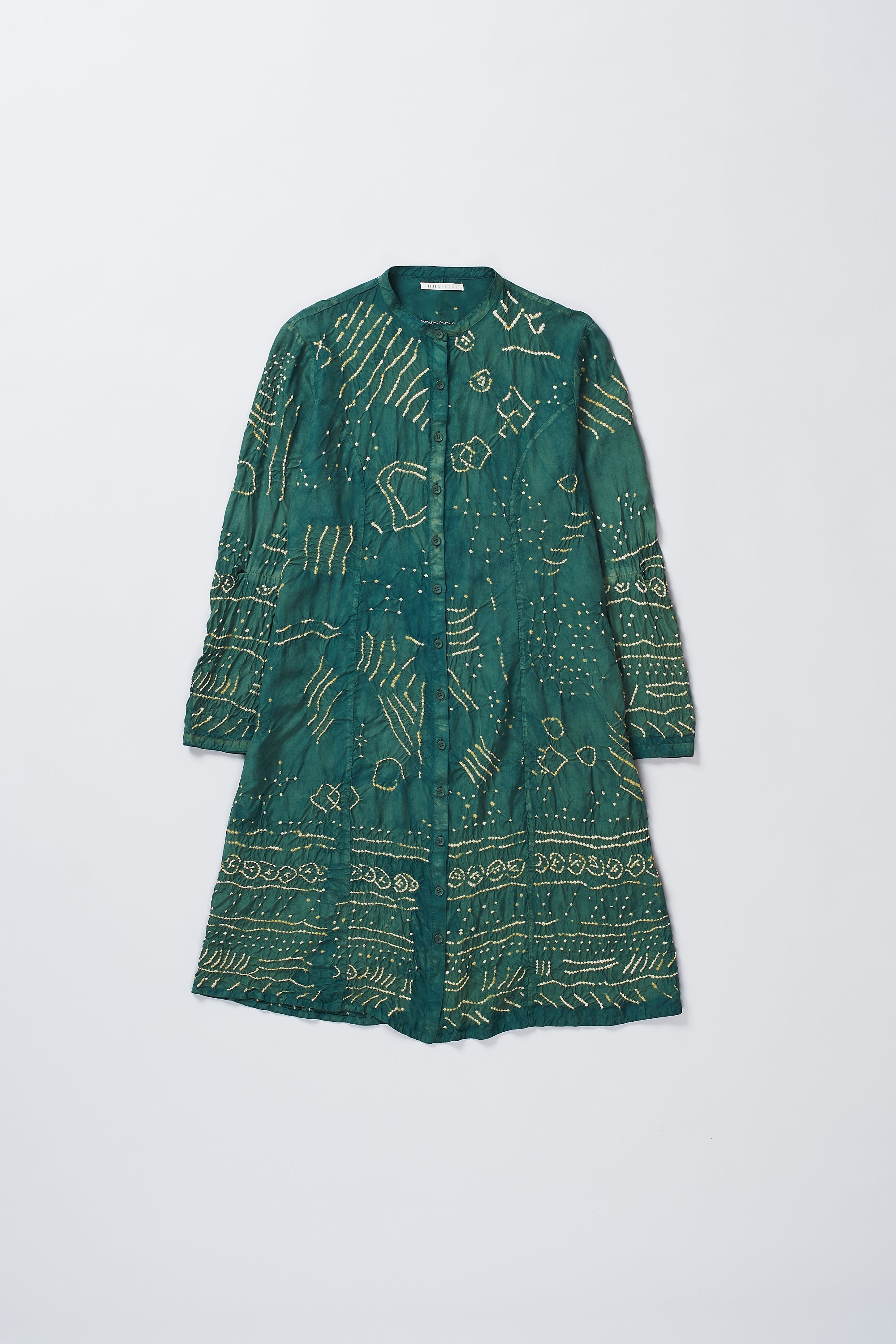 BOTTLE GREEN DIP DYED TEXTURED BANDHANI SILK DRESS