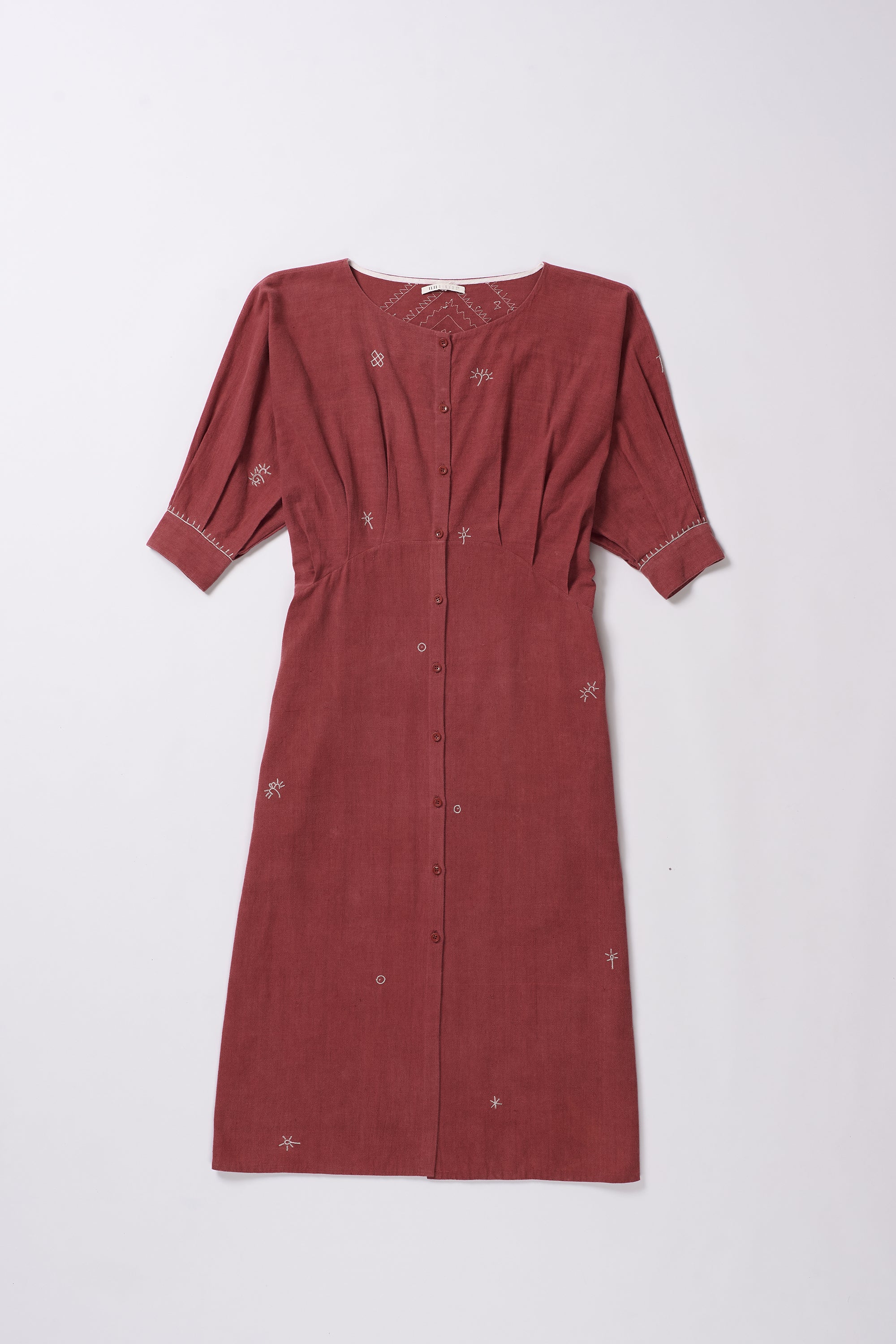 COTTON HAND EMBROIDERED DRESS IN CRIMSON PINK