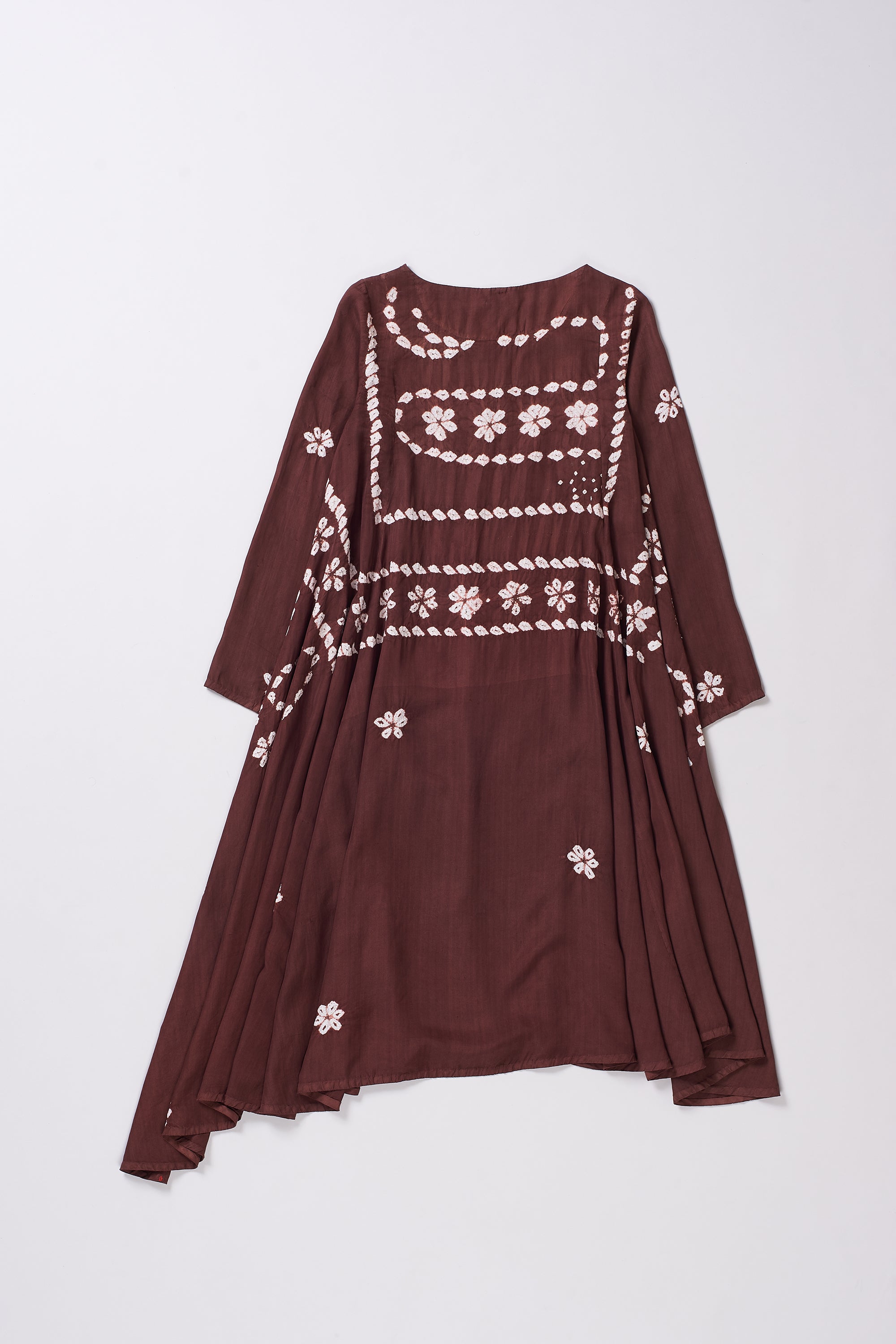 ASYMMETRICAL BANDHANI SILK DRESS IN BURNT UMBER