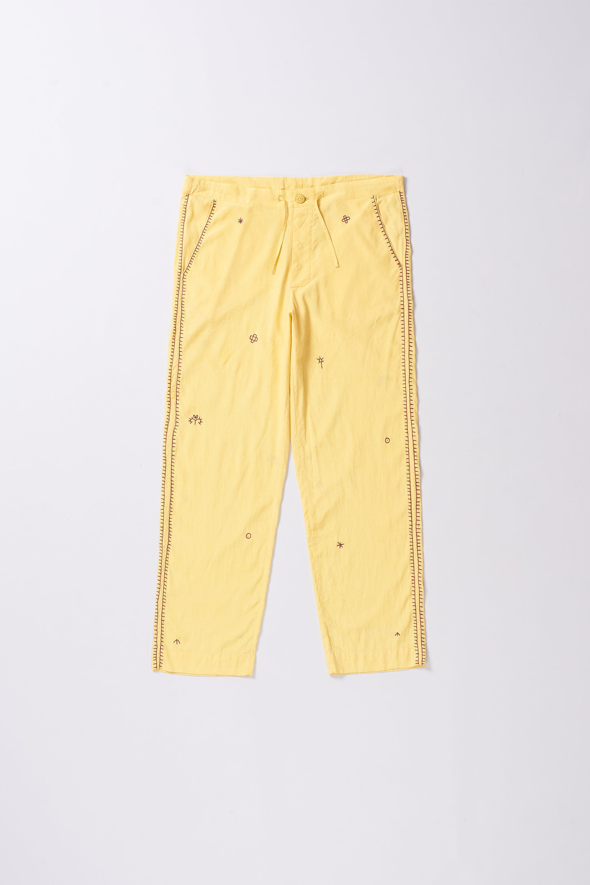LEMON YELLOW EMBROIDERED COTTON SILK PANTS