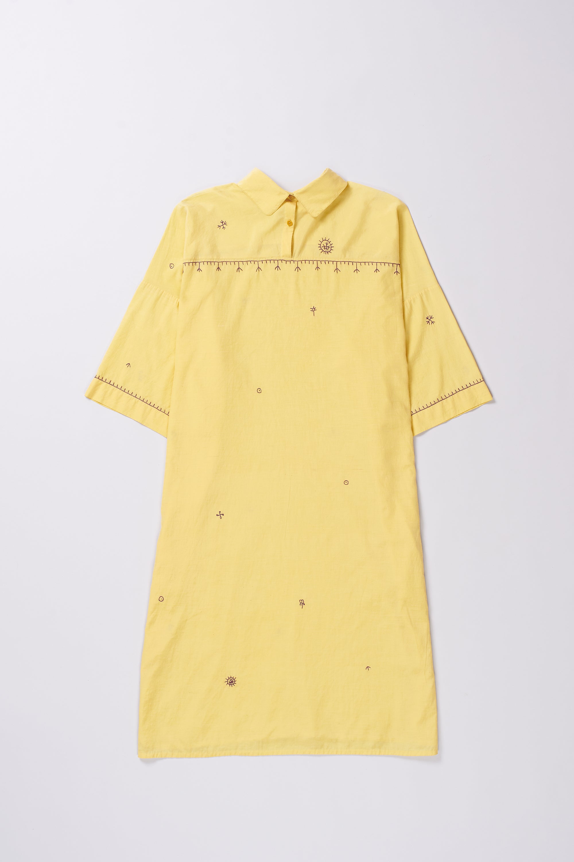 LEMON YELLOW EMBROIDERED COTTON SILK DRESS