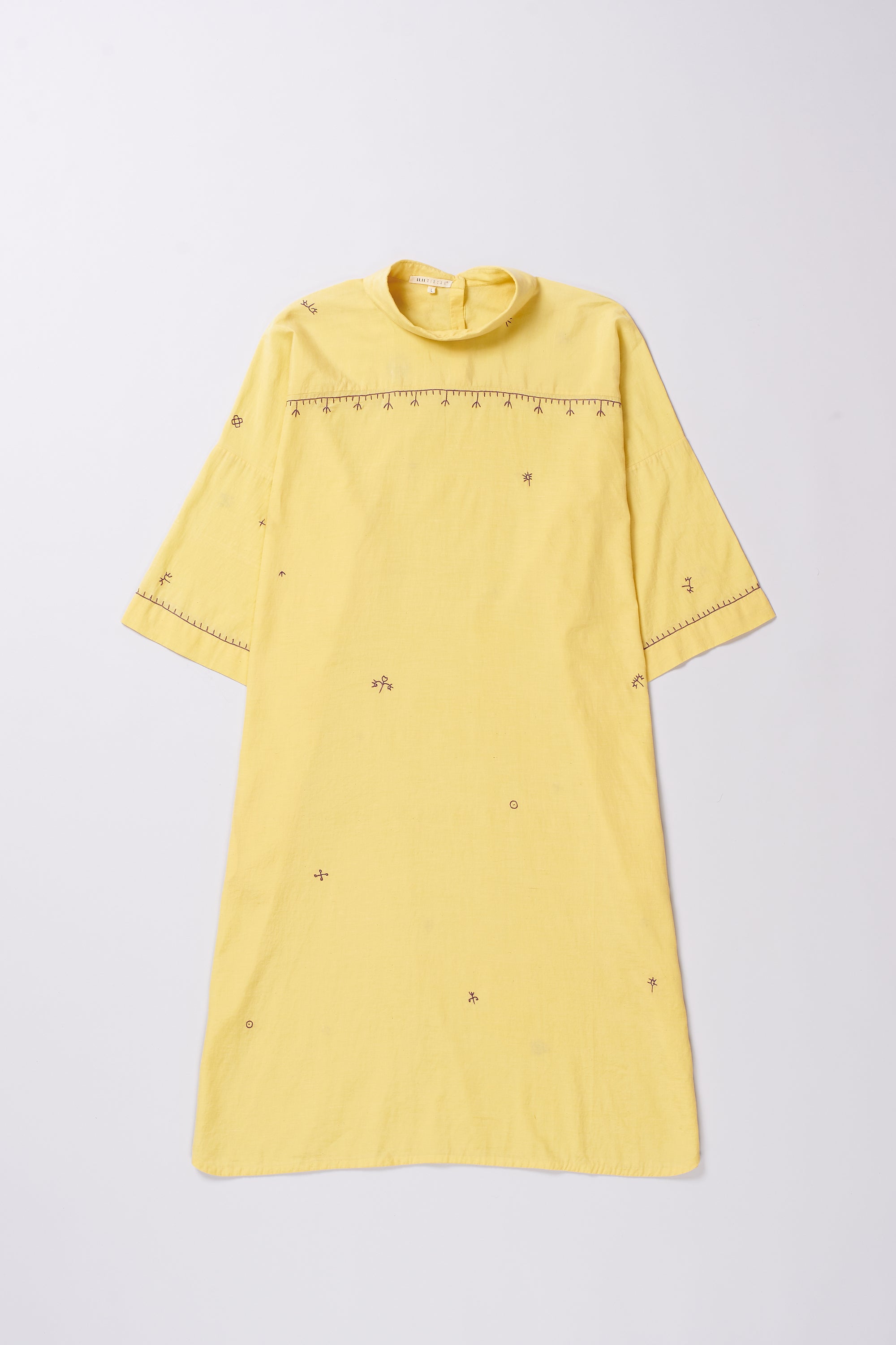 LEMON YELLOW EMBROIDERED COTTON SILK DRESS