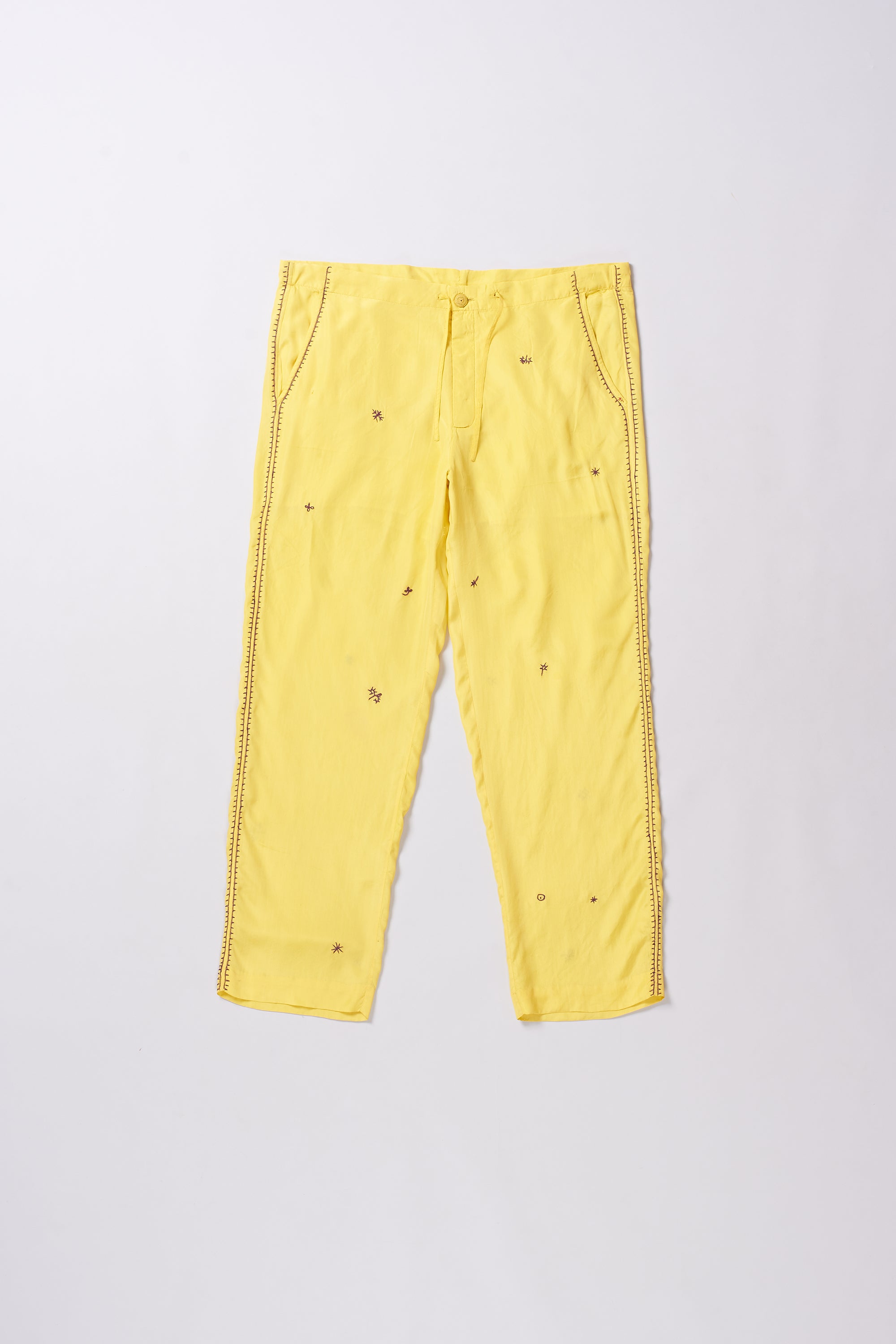 LEMON YELLOW EMBROIDERED SILK PANTS