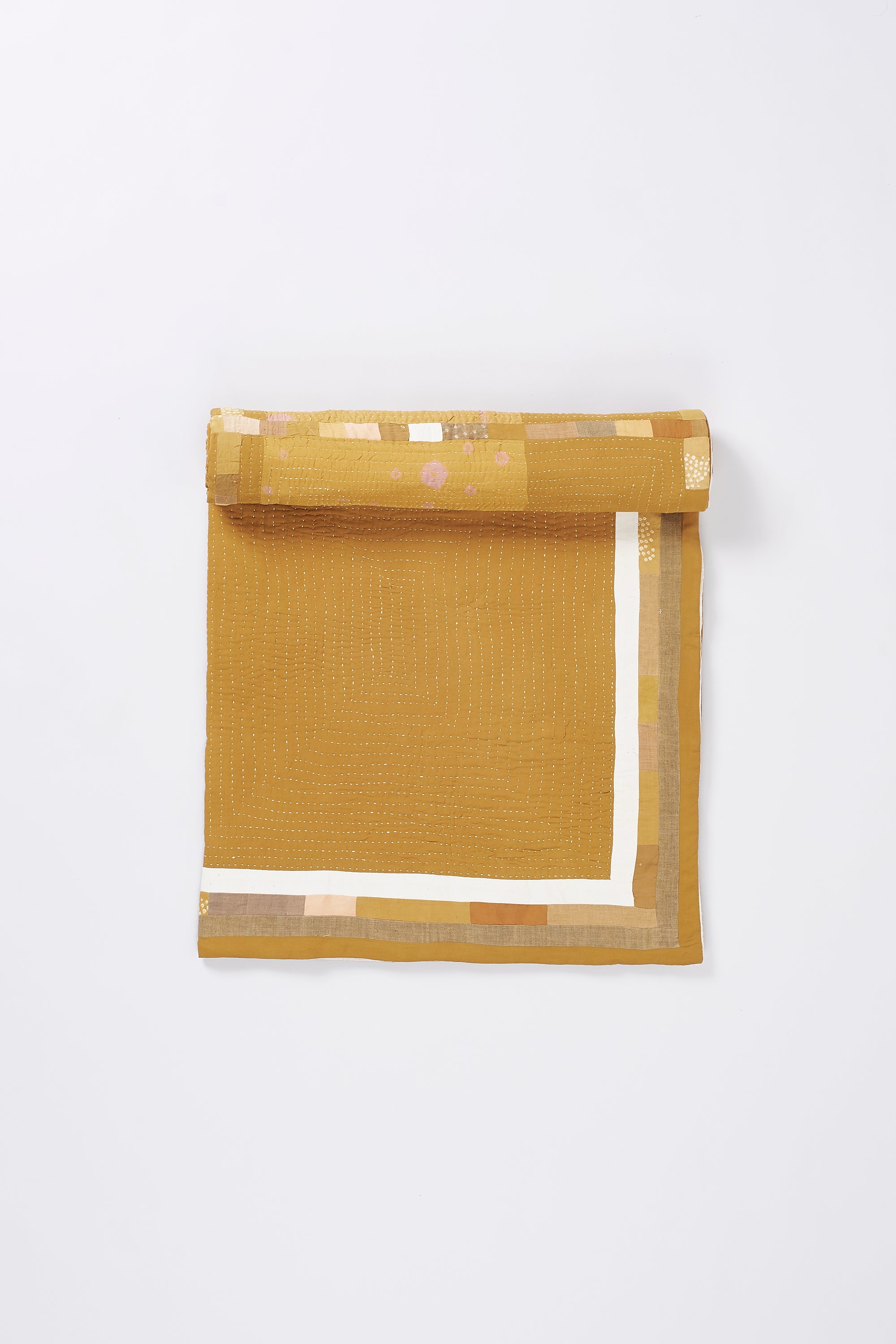 HAND EMBROIDERED PATCHWORK QUILT IN OCHER YELLOW