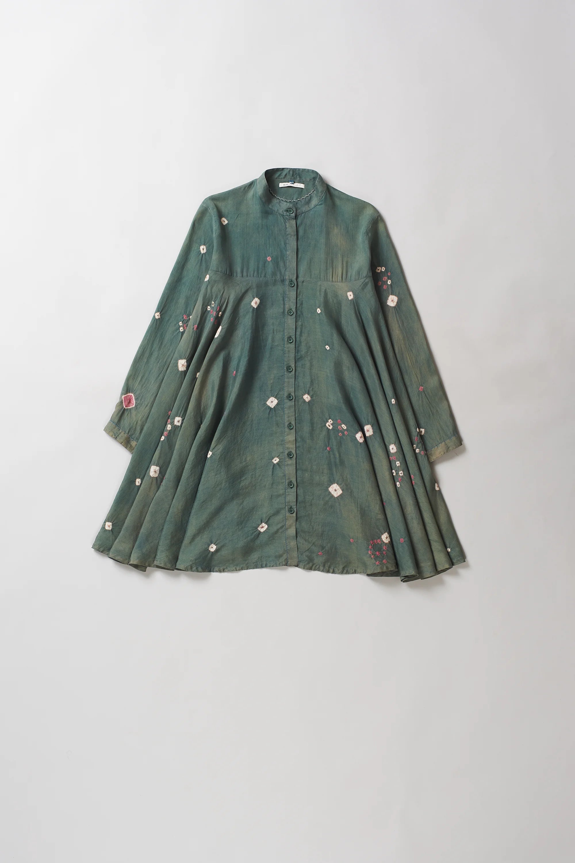 Leaf Green Silk Bandhani Flared Dress