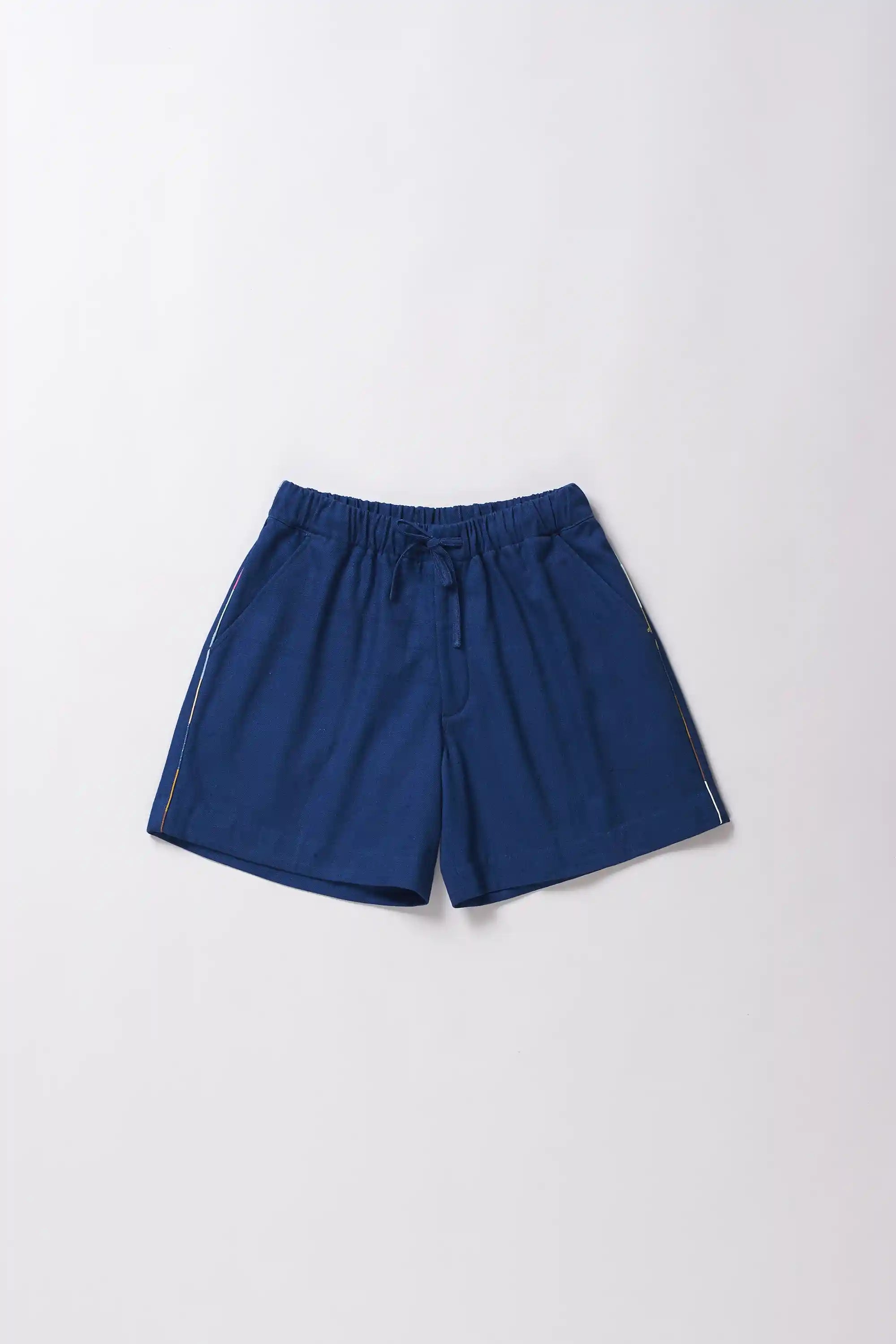 Front image of a medium indigo shorts