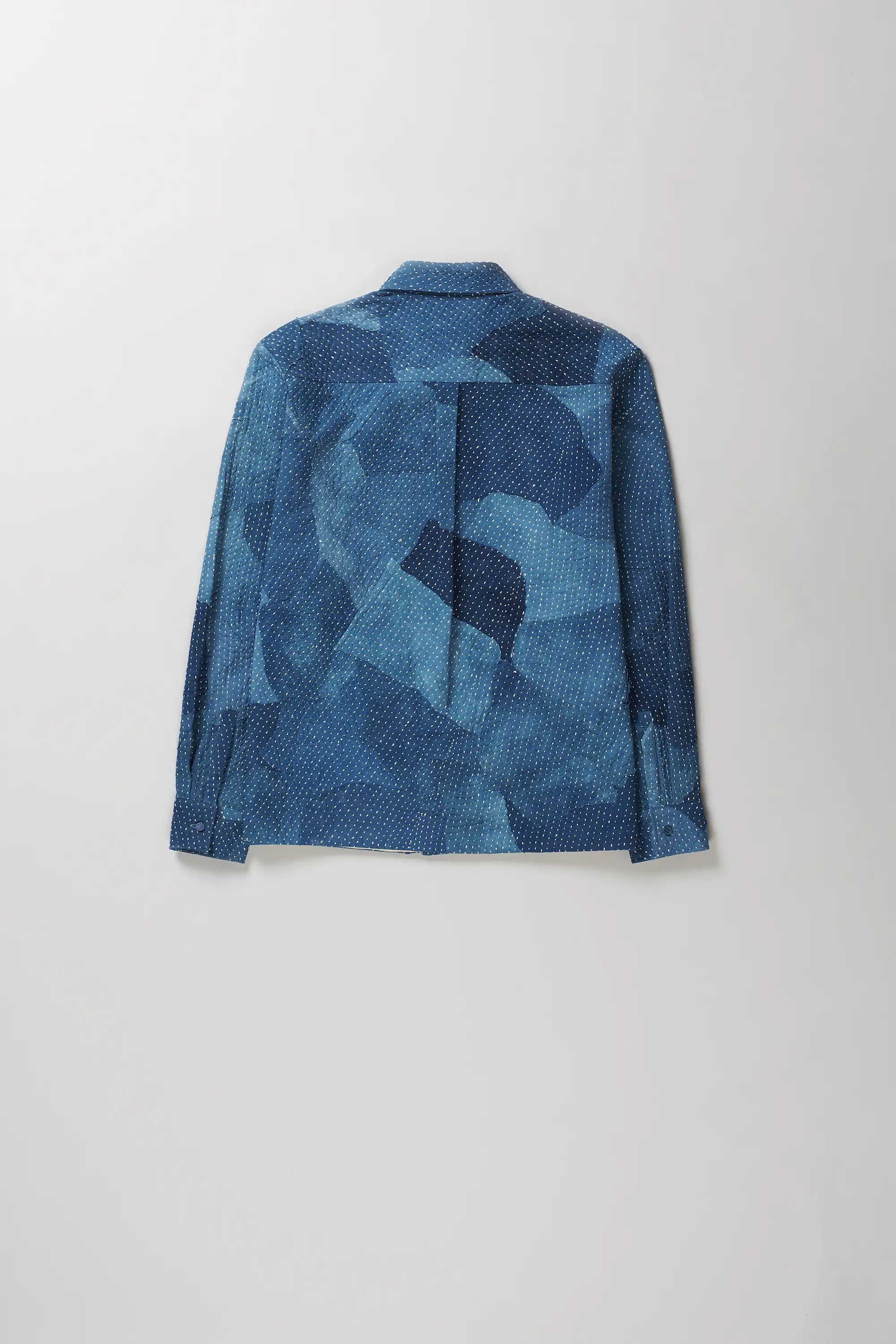 Back image of medium indigo patchwork shirt