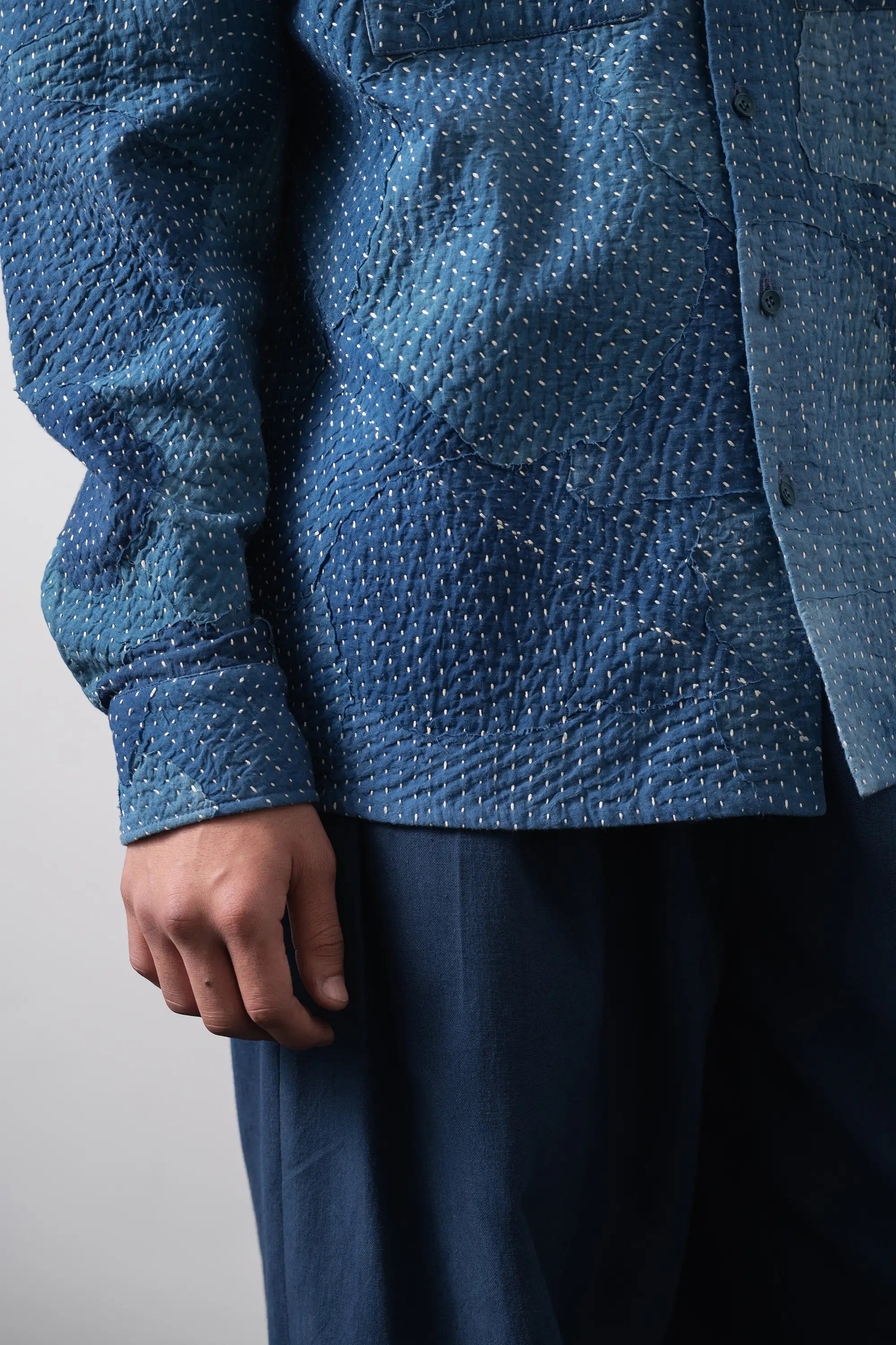 Kantha Patchwork Relaxed Shirt in Medium Indigo