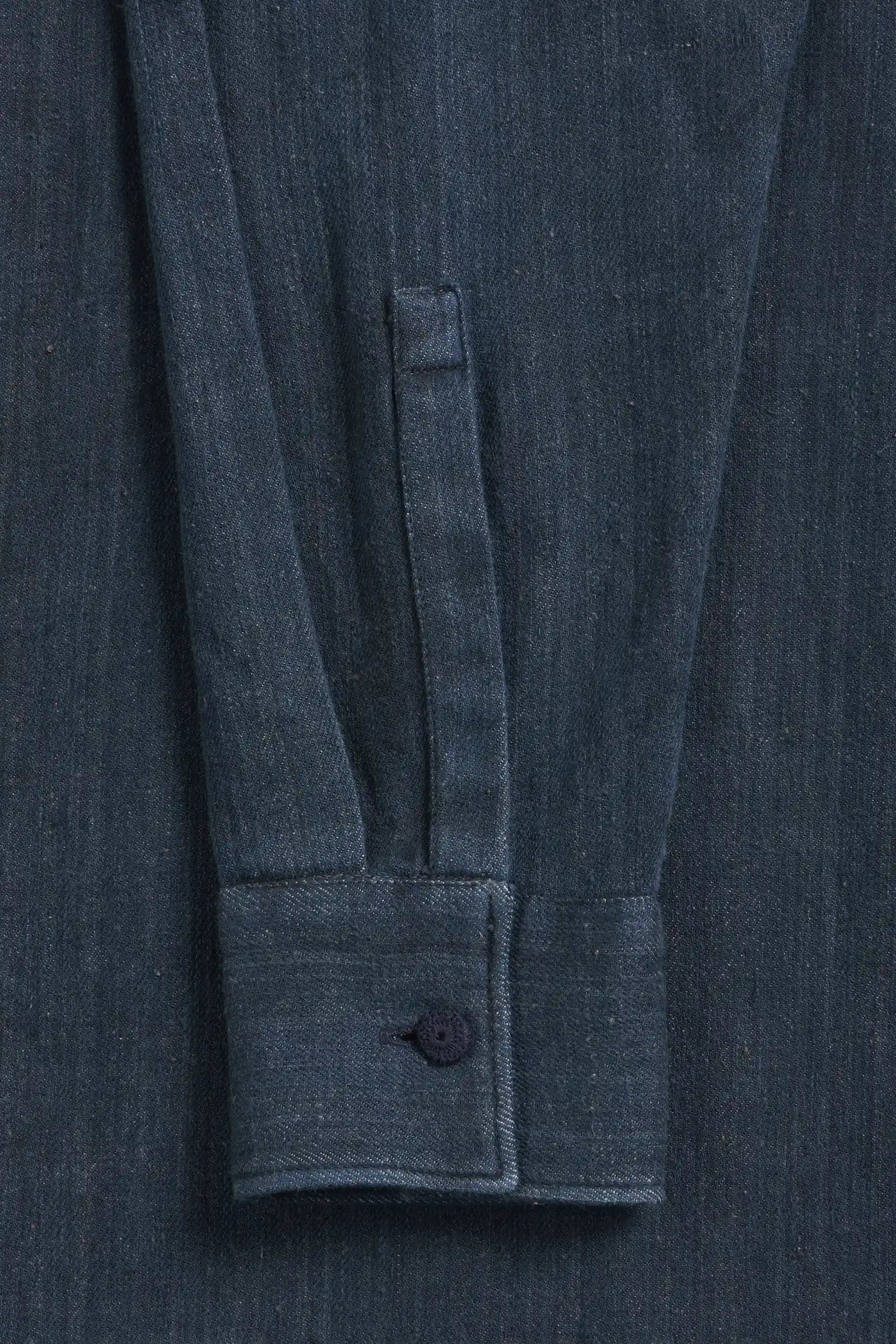 Close-up of a dark blue shirt with sleeve and button detail