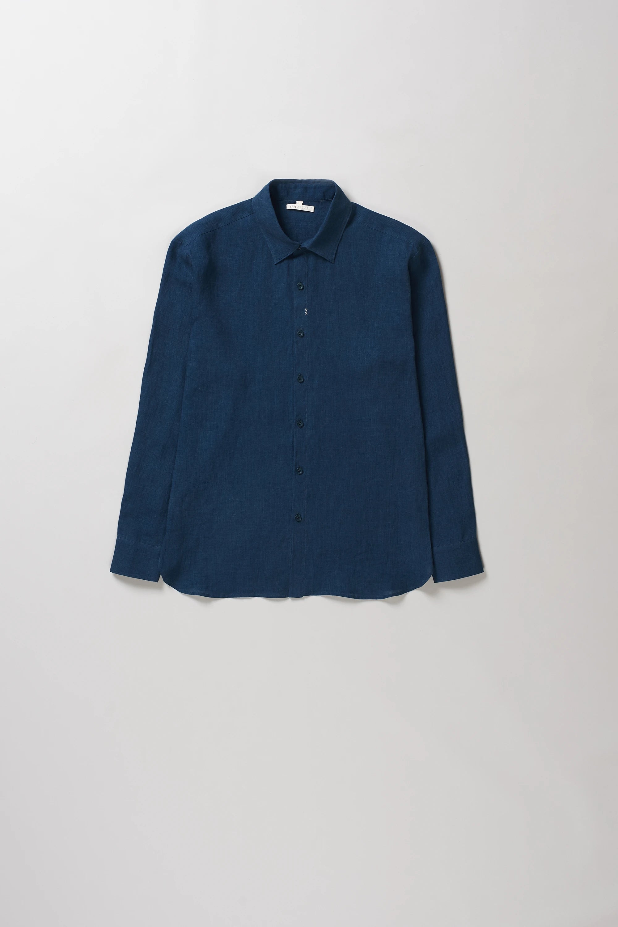 Front image of space blue linen shirt